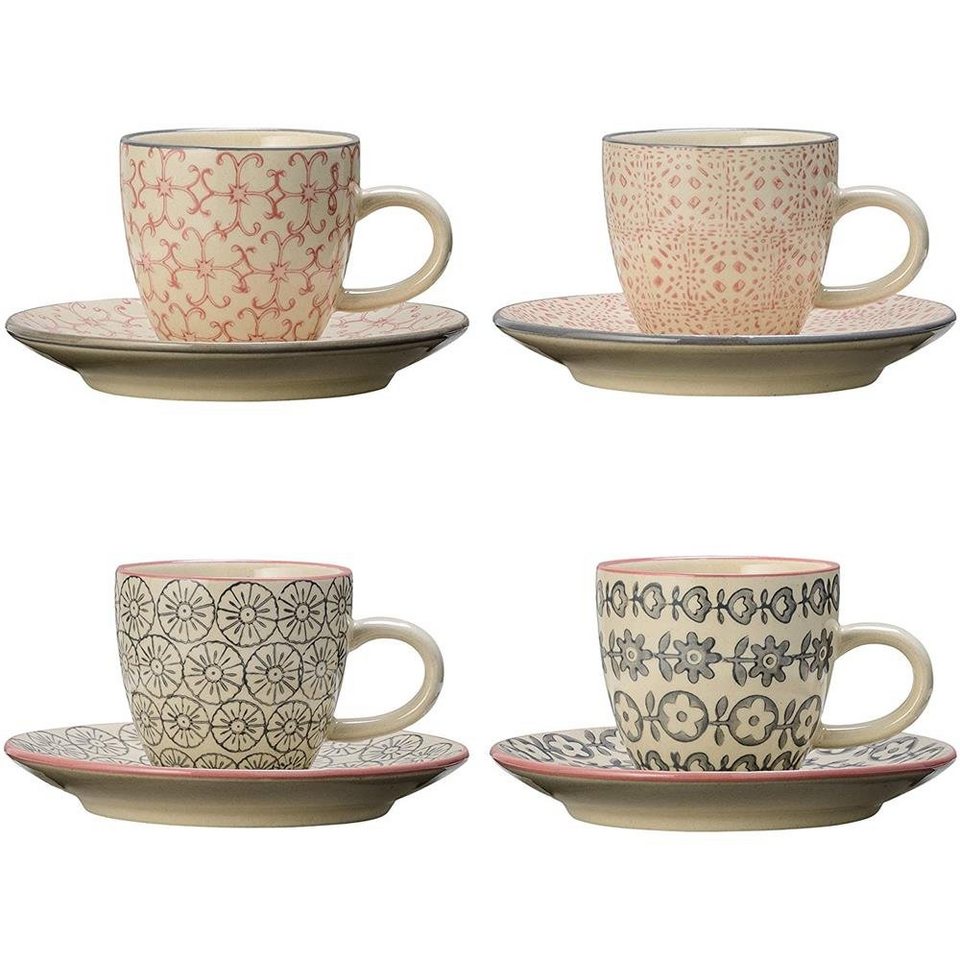 Bloomingville Espressotasse Cécile Espresso Cup & Saucer,Rose,Stoneware,  90ml, 4er Set Espresso Tassen, 4-teilig Kaffeetasse, Espressotasse