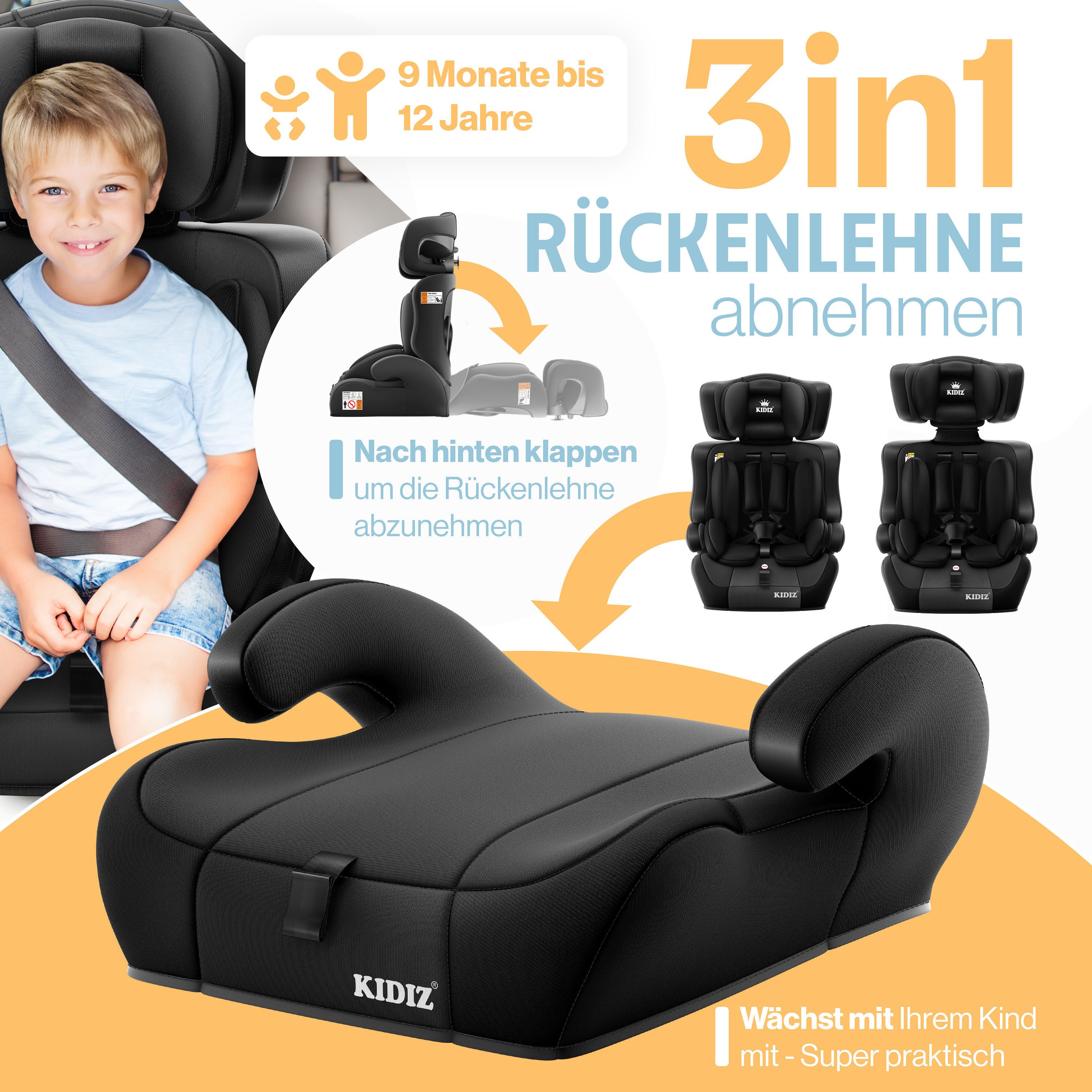 KIDIZ Autokindersitz 9-36kg Körpergewicht & 76-150cm Körpergröße, wächst mit ihrem Kind, bis: 1-12 Jahre, Geprüft & Zugelassen nach ECE R 129/03 – Bild 3 von 5