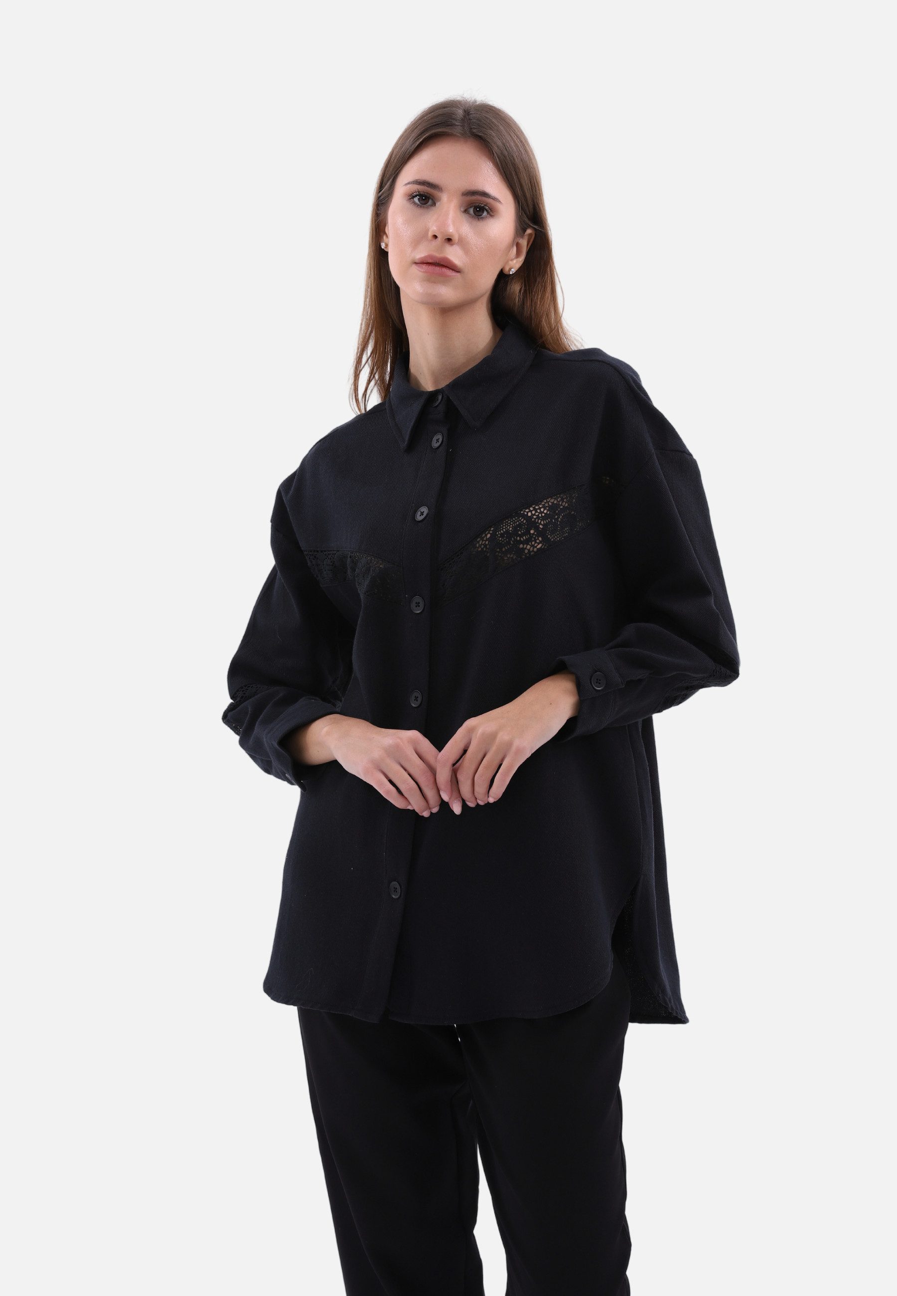 COFI Casuals Langarmbluse Damenhemd mit Spitze-Details One-Size Blusen Langarm