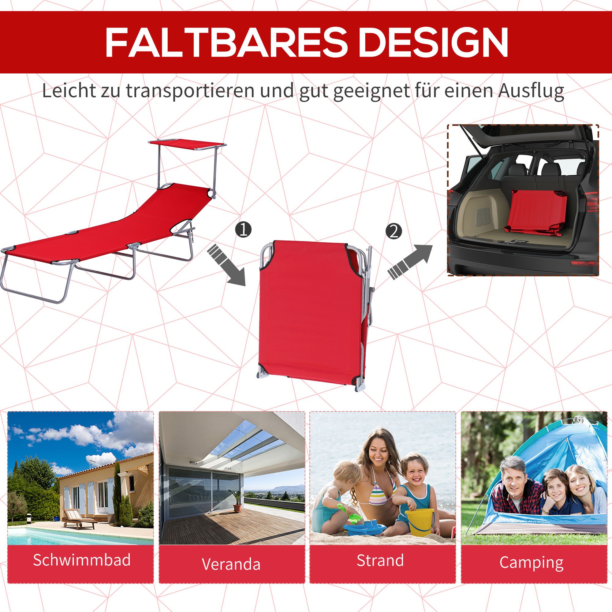 Outsunny Feldbett klappbar Campingliege mit Sonnenschutz bis 120 kg belastbar (Liege, 1-St., Sonnenliege) Durchgehend – Bild 5 von 5