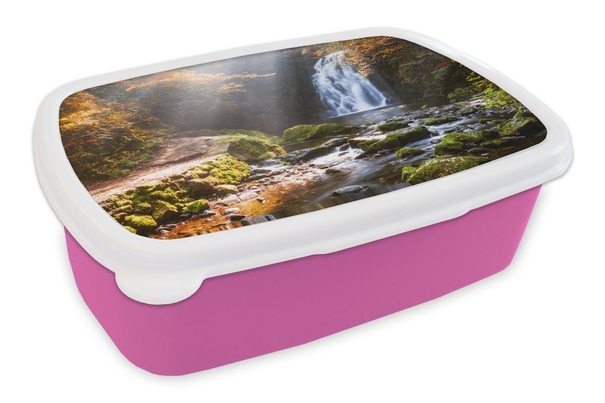 MuchoWow Lunchbox Wasserfall im Herbst, Kunststoff, (2-tlg), Brotbox für Erwachsene, Brotdose Kinder, Snackbox, Mädchen, Kunststoff rosa