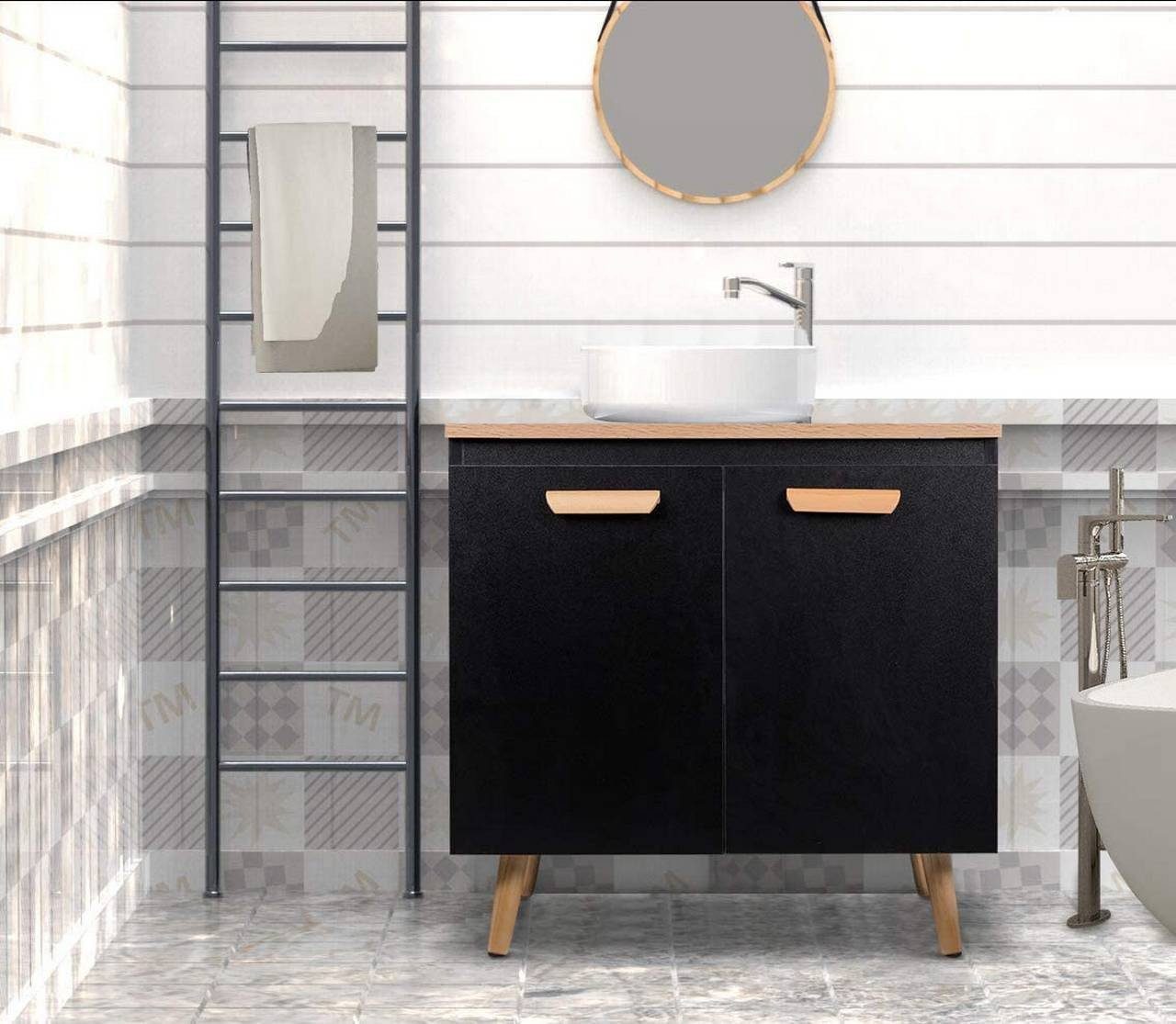 EUGAD Waschbeckenunterschrank Badschrank mit Schwarz 2 Unterschrank Türe