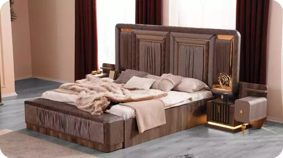 Set Schlafzimmer, Garnitur Europa Bettkasten Bett/2x Luxus Stoff Doppelbett in JVmoebel Beige Bett Nachttische/Schminktisch/Bodenspiegel/Kommode), Schlafzimmer-Set (6-St., Made