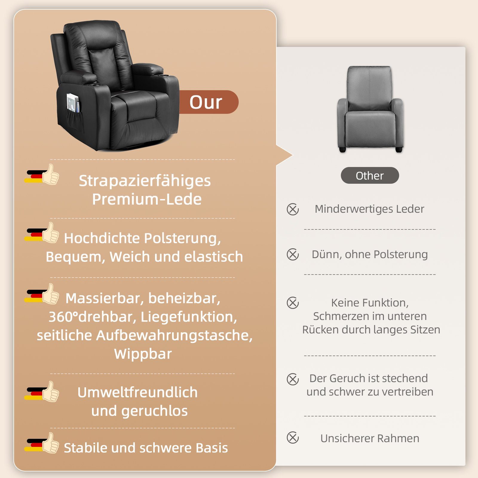COMHOMA Relaxsessel TV Sessel mit mit Wärmefunktion Massage/Wippfun-und Getränkehalter Heizung-Rückenlehne, Braun Seitentaschen und 2