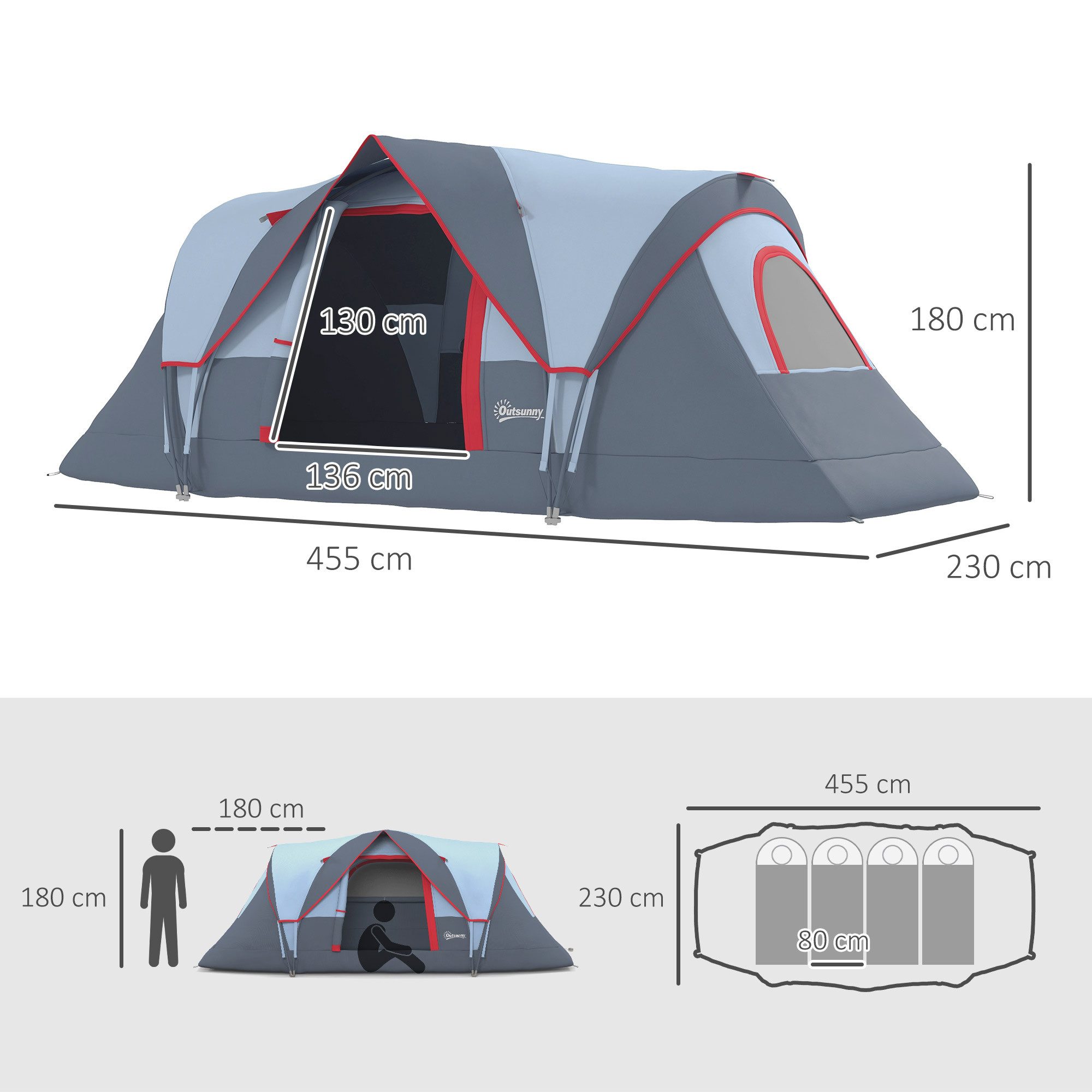 Eisaro Kuppelzelt Familienzelt 5-6 Pers, Tunnelzelt wasserdicht, Heringen, Polyester, Personen: 6 (Manueller Aufbau), Geräumiger Innenraum, 2-in-1 Design, Einfacher Aufbau