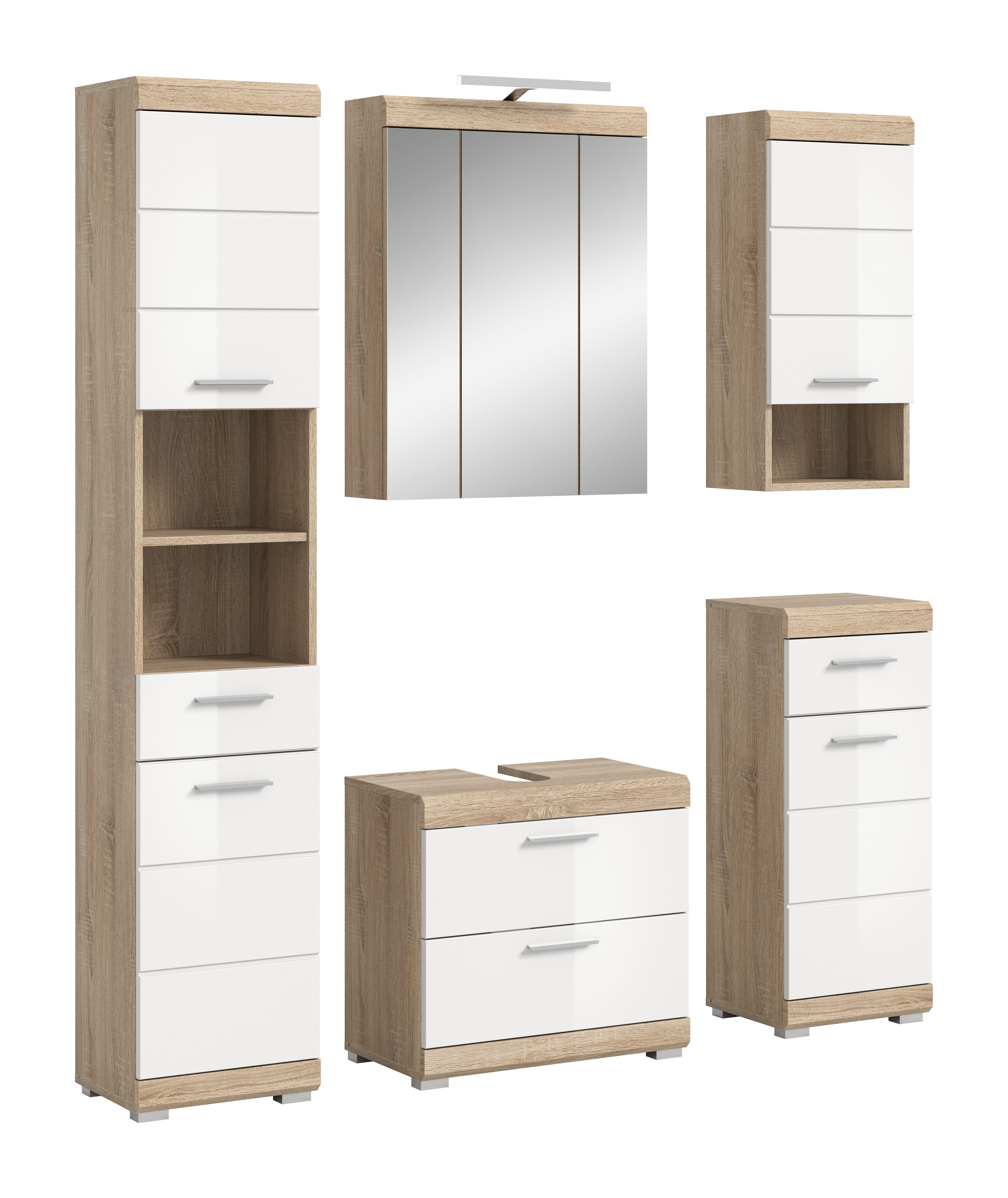 furnling Badmöbel-Set Scott, (5-St., Hochschrank, Spiegelschrank, Hängeschrank, Standschrank, WBU), Badschränke, Badkommoden, Badmöbel, mit Beleuchtung, Breite 164 cm