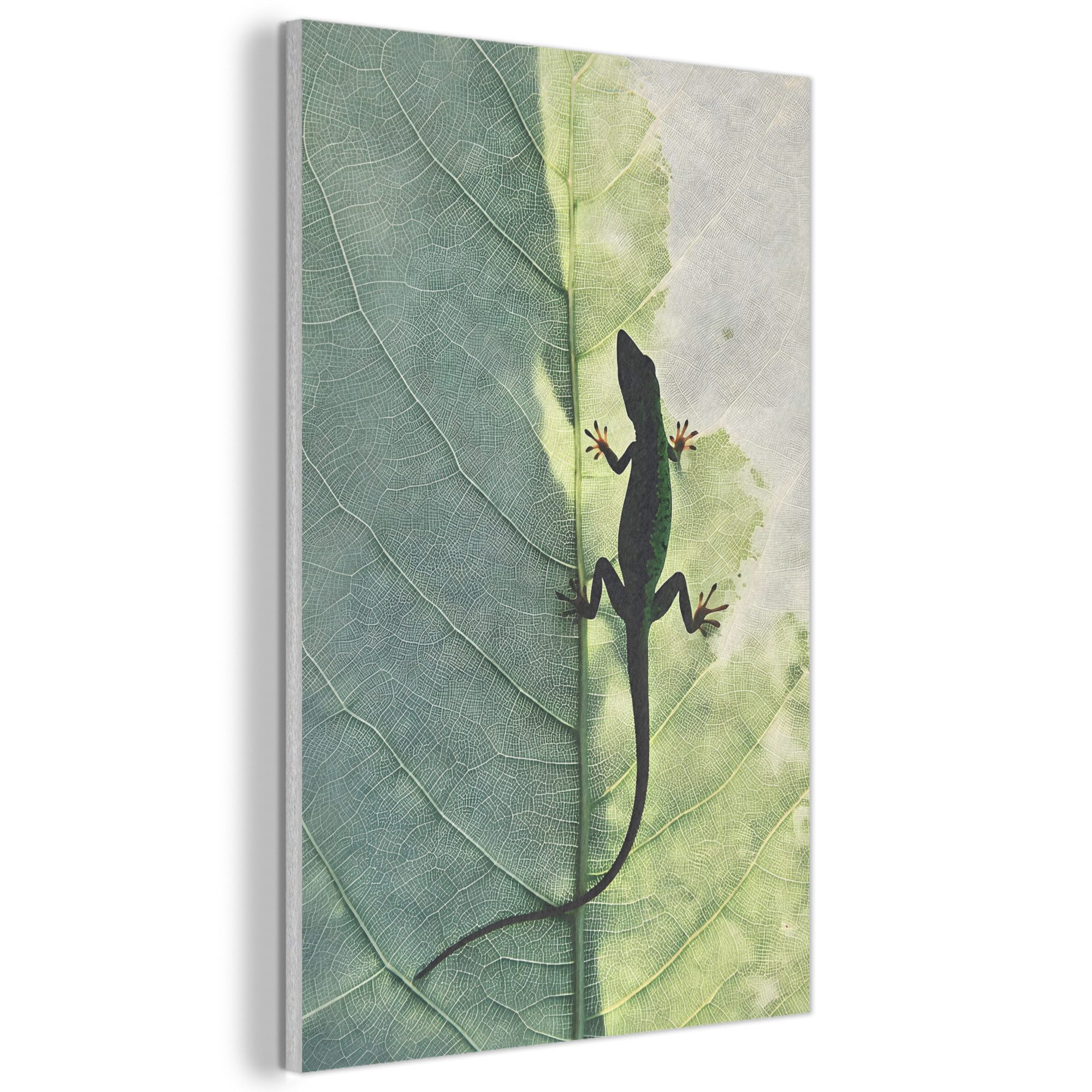 MuchoWow Gemälde Eidechse - Blatt - Venen - Grün, Fotodruck (1 St), Akustikbilder PET-Filz, Wandpaneele, Akustikpaneele 60x90 cm