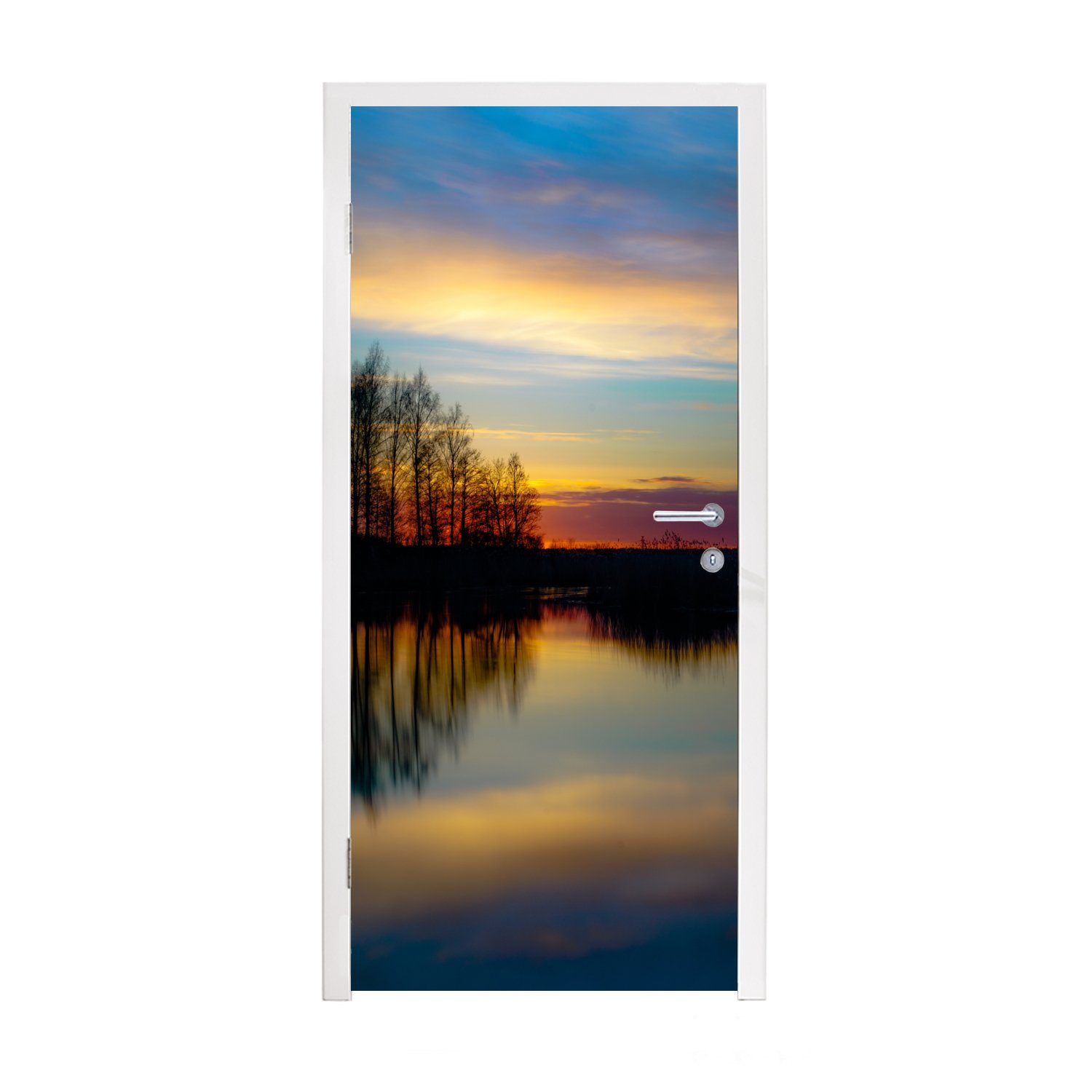 MuchoWow Türtapete Wasser - See - Bäume - Sonnenuntergang - Natur, Matt, bedruckt, (1 St), Fototapete für Tür, Türaufkleber, 75x205 cm