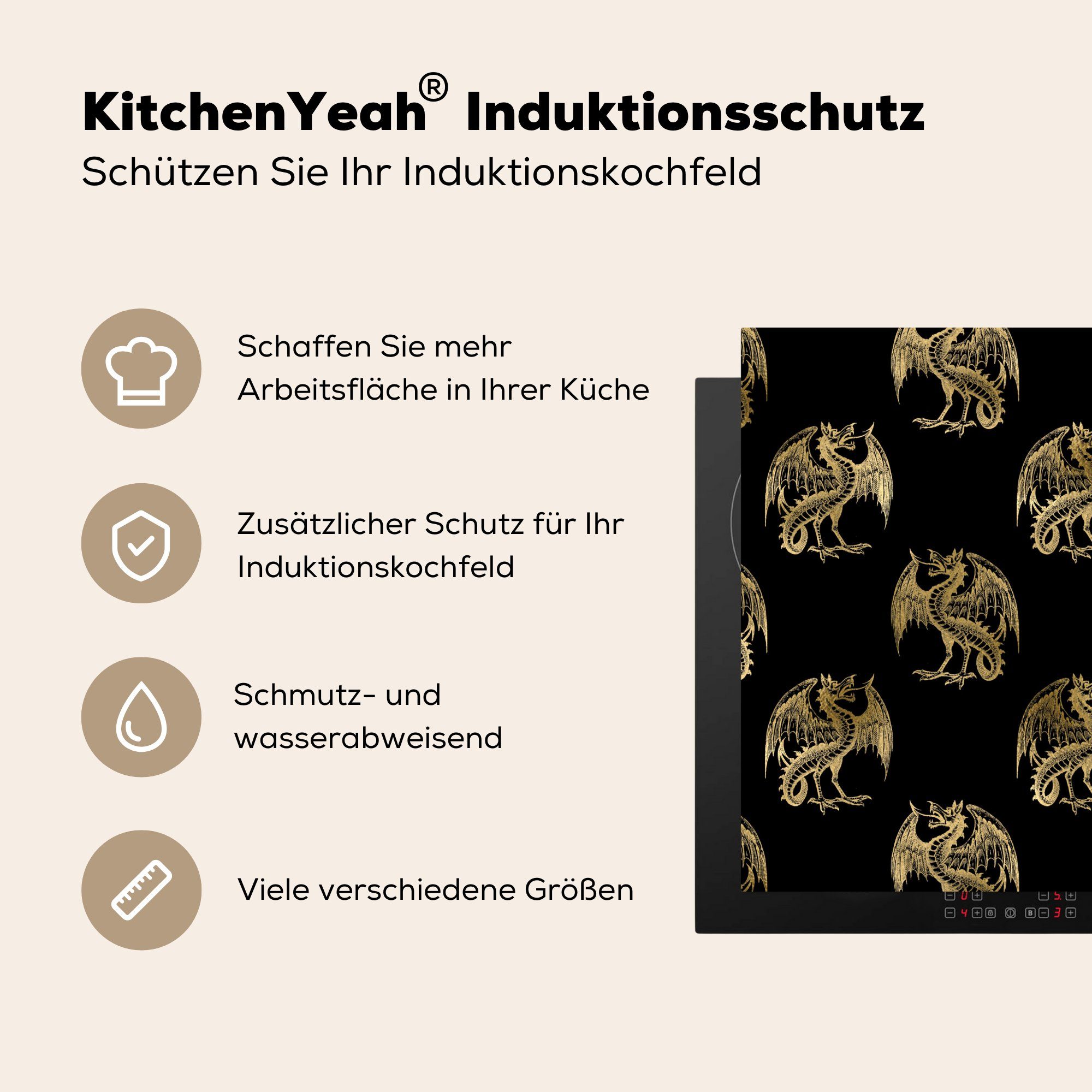 MuchoWow Herdblende-/Abdeckplatte Muster 78x78 cm, (1 Ceranfeldabdeckung, Schwarz, Arbeitsplatte Drache - Vinyl, Gold küche - - für tlg)