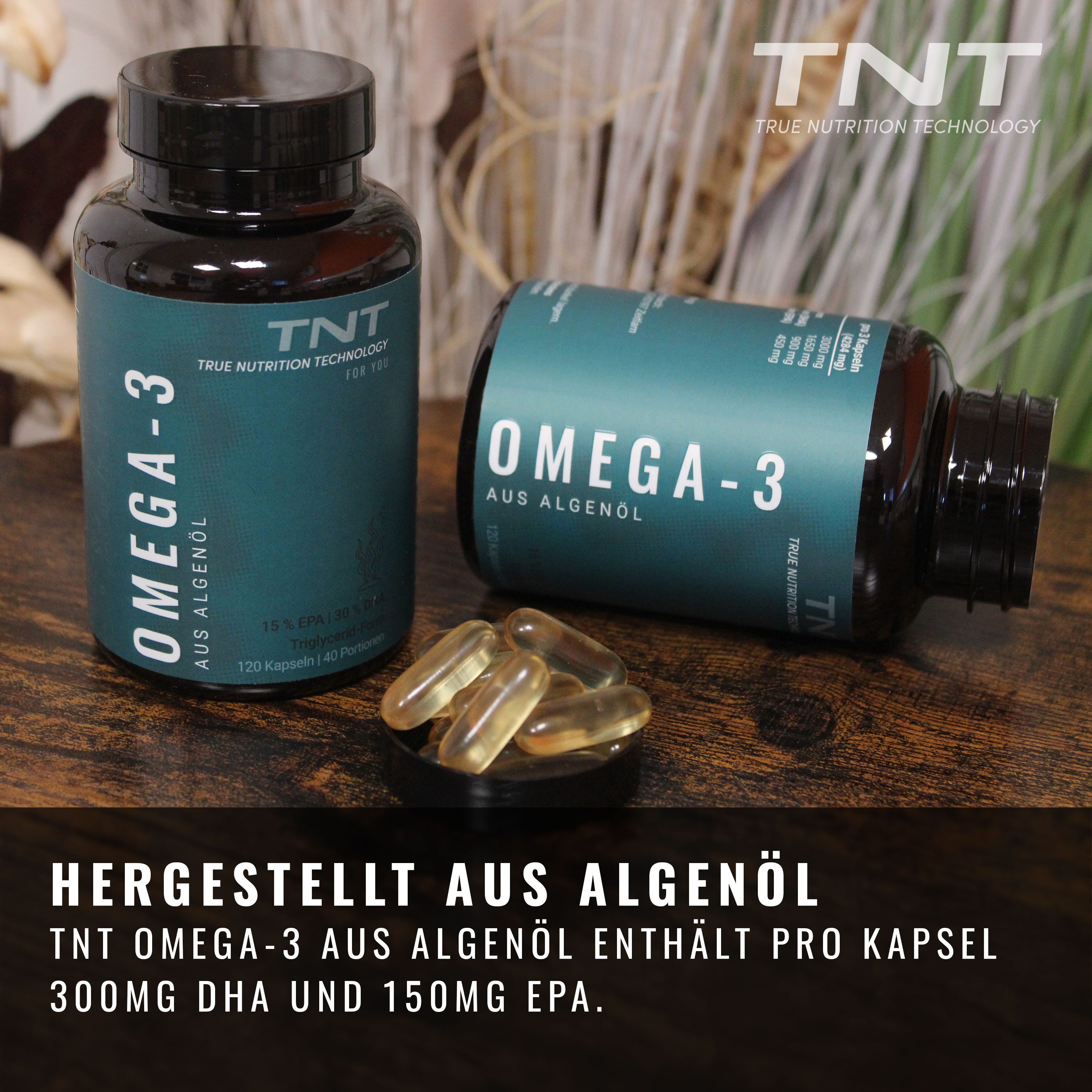 TNT (True Nutrition Technology) Omega-3 Kapseln aus Algenöl mit 300mg DHA + 150mg EPA Kapseln, 120 St., 164 g