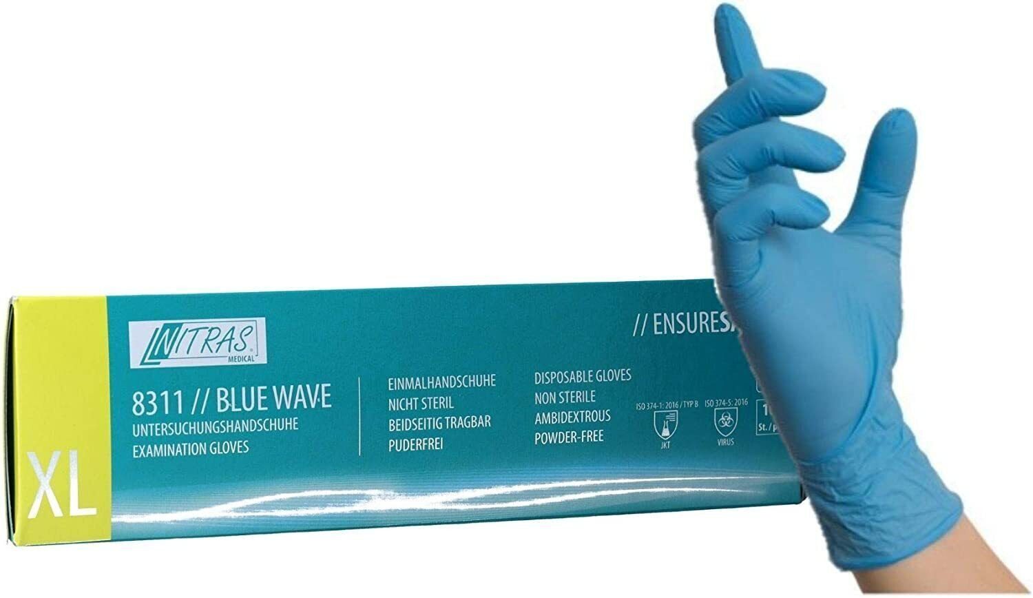 Nitras Medical Einweghandschuhe 8311 blue wave nitril Einmalhandschuh blau puderfrei 100 Stück (Packung, 100-St., 1x Box= 100 Stück, Gr S- 2XL) puderfrei/reißfest