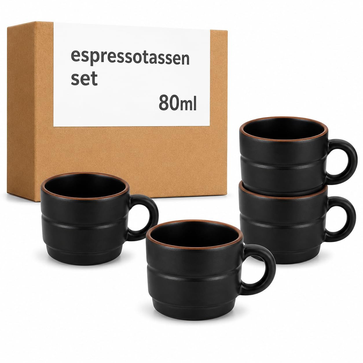 Cosumy Espressotasse Espressotassen Set 4 St. 80ml mit Henkel Schwarz - Stapelbar Keramik, Keramik