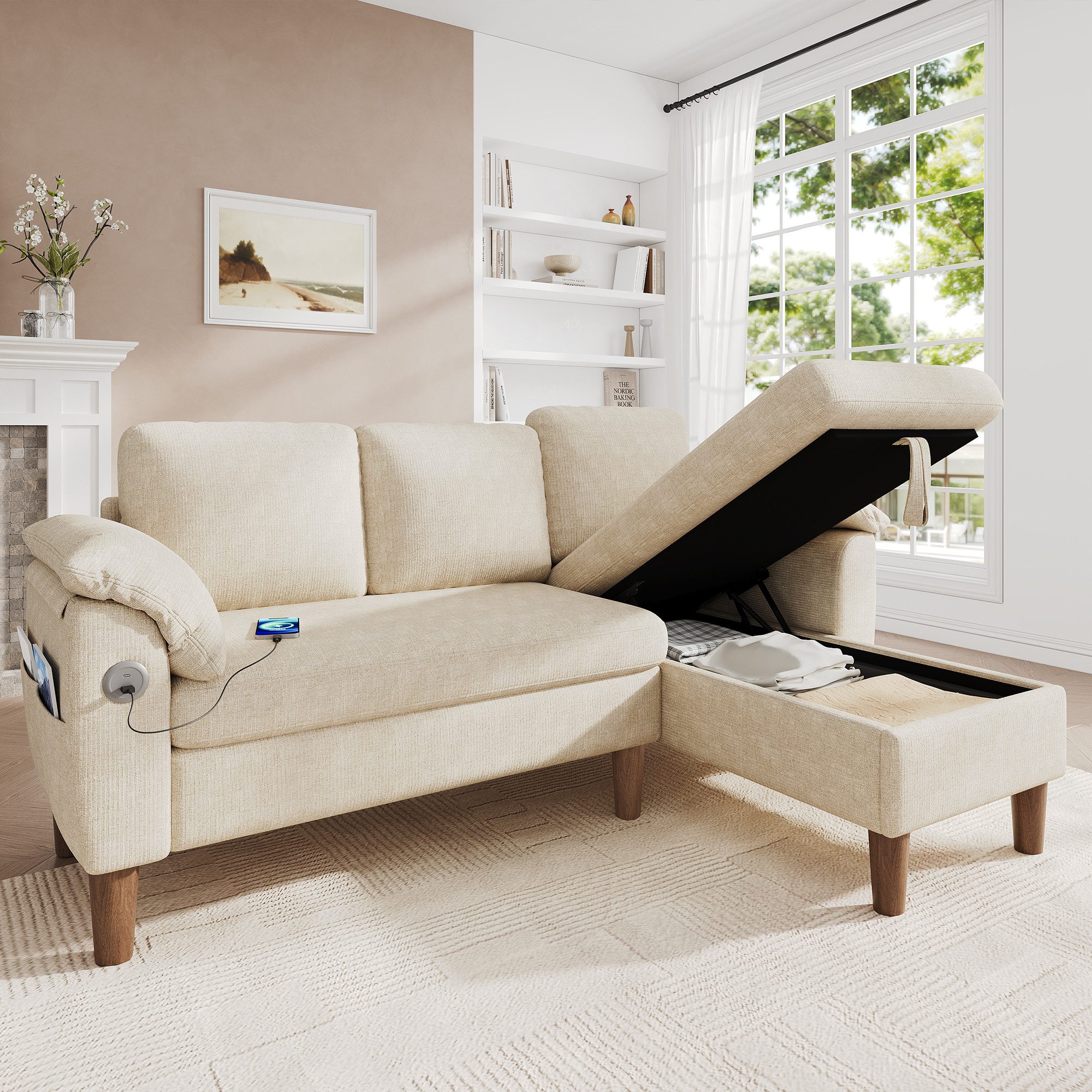 Merax Ecksofa L-förmiges Sofa mit Stauraum-Chaiselongue, links oder rechts montierbar, Couch, Schlafsofa 1 Teile, 3-Sitzer-Sofa mit USB & Type-C Ladeanschluss, Seitentaschen & Kissen