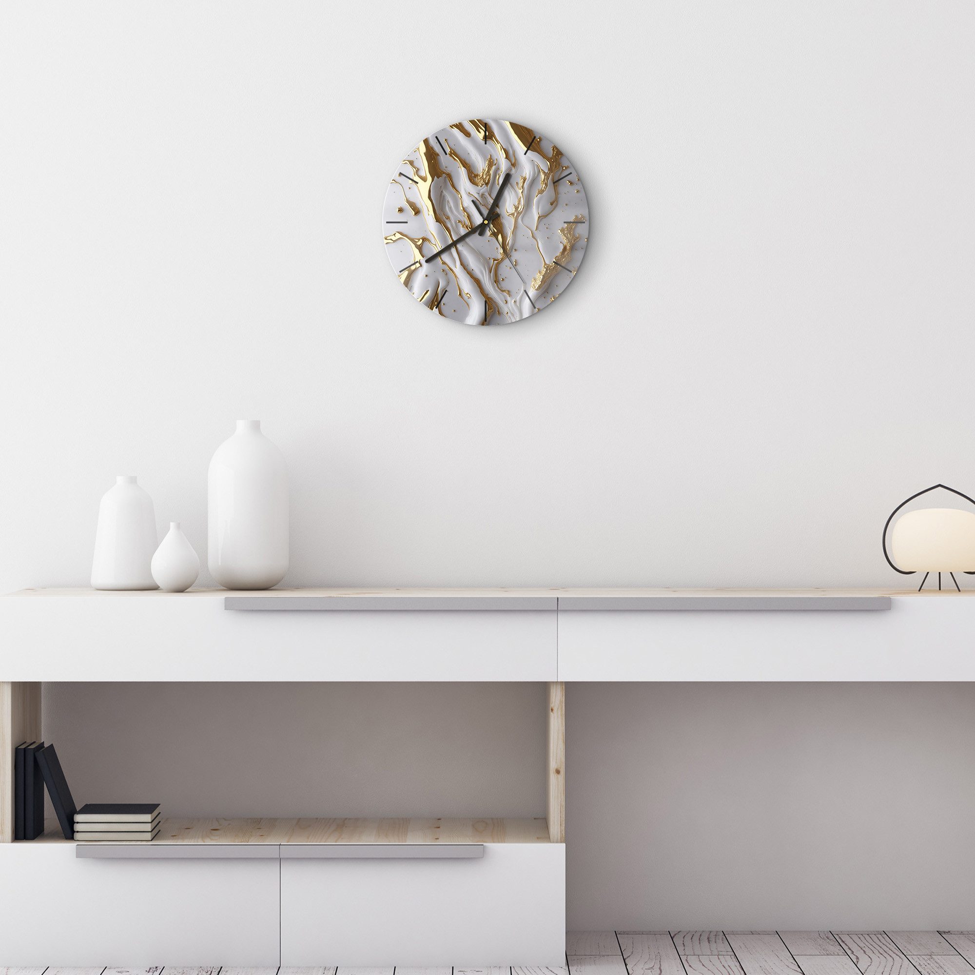 DEQORI Wanduhr 'Goldene Fließkraft' (Glas Glasuhr modern Wand Uhr Design Küchenuhr)