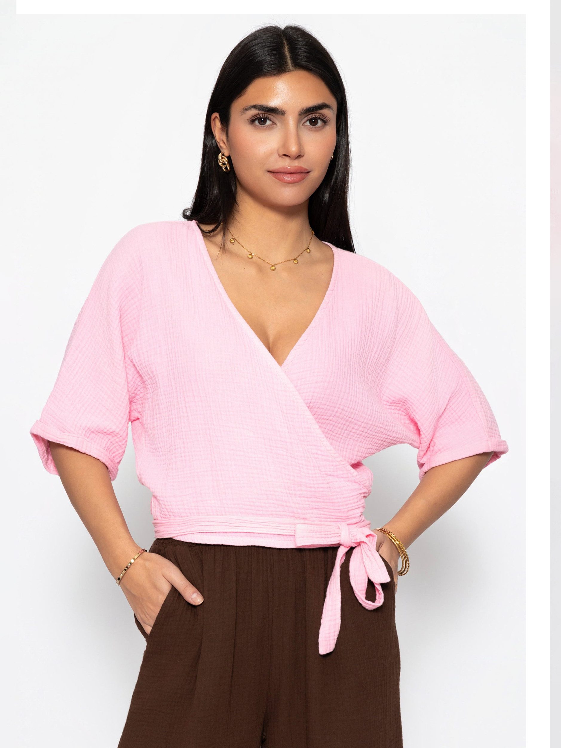 SASSYCLASSY Wickelbluse Musselin Bluse mit Bindeband und lockerer Passform Kurzarm Wickelbluse aus Baumwolle