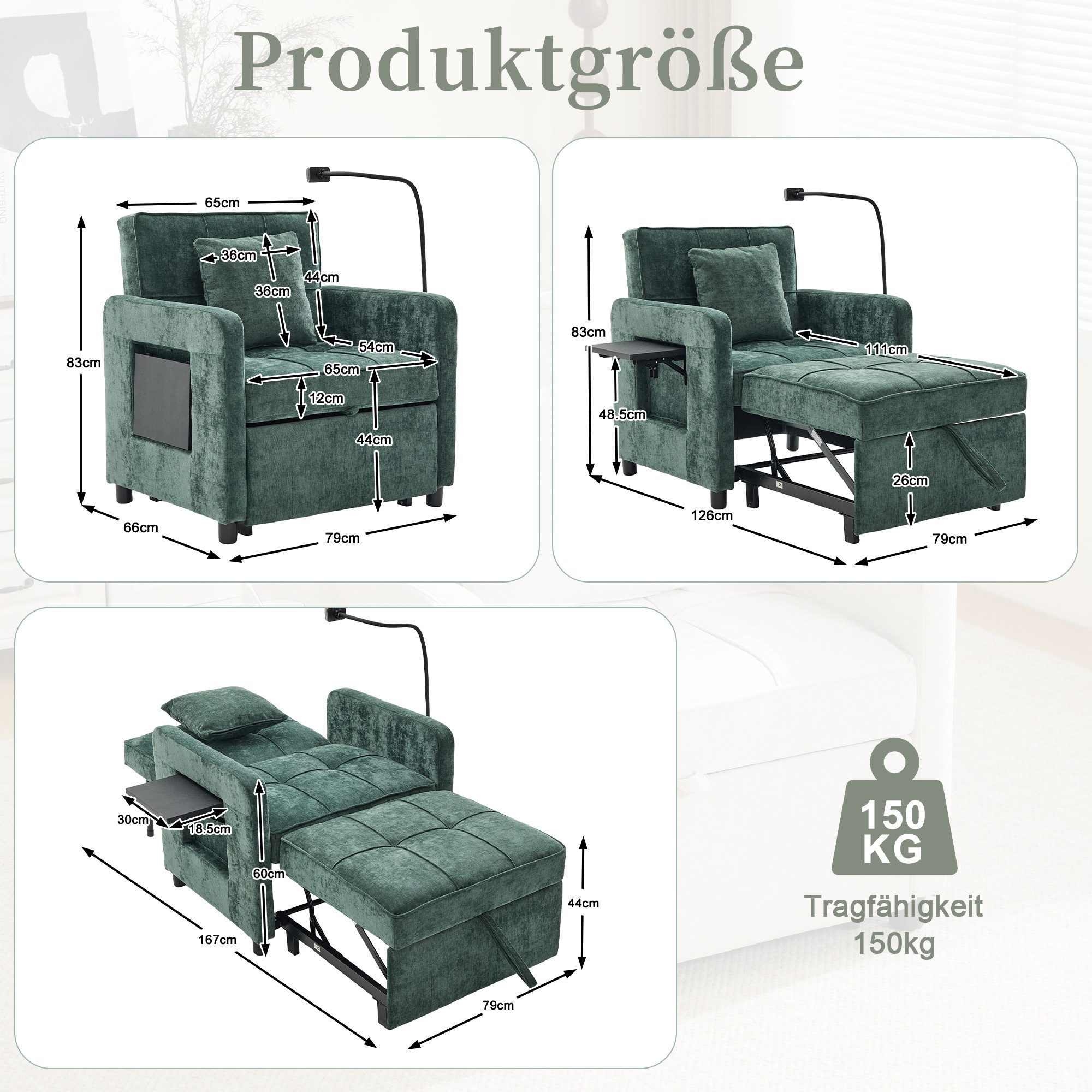 Celya Sessel Schlafsessel, Einzelschlafsofa mit Kissen und Seitentaschen (mit Tischchen und Aufbewahrungstasche), Geeignet für Wohnzimmer, Gästezimmer oder Homeoffice