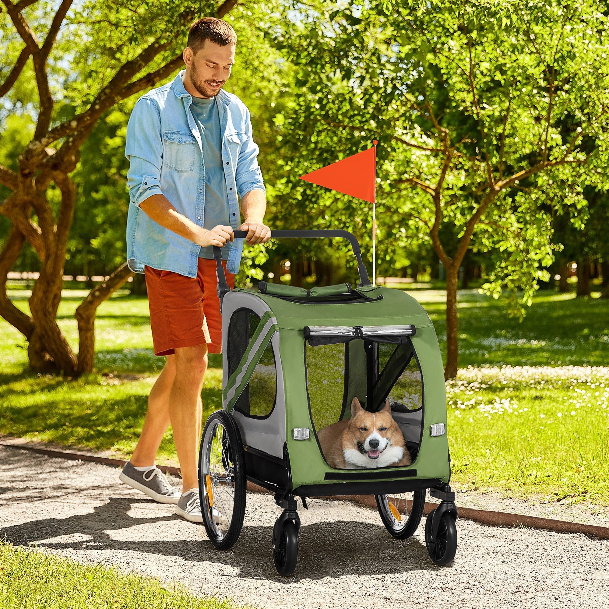 PawHut Fahrradhundeanhänger 2-in-1 Hundeanhänger & Hundebuggy mit Reflektoren, für Mittelgroße Hunde bis 20 kg, Oxford-Gewebe, Grün