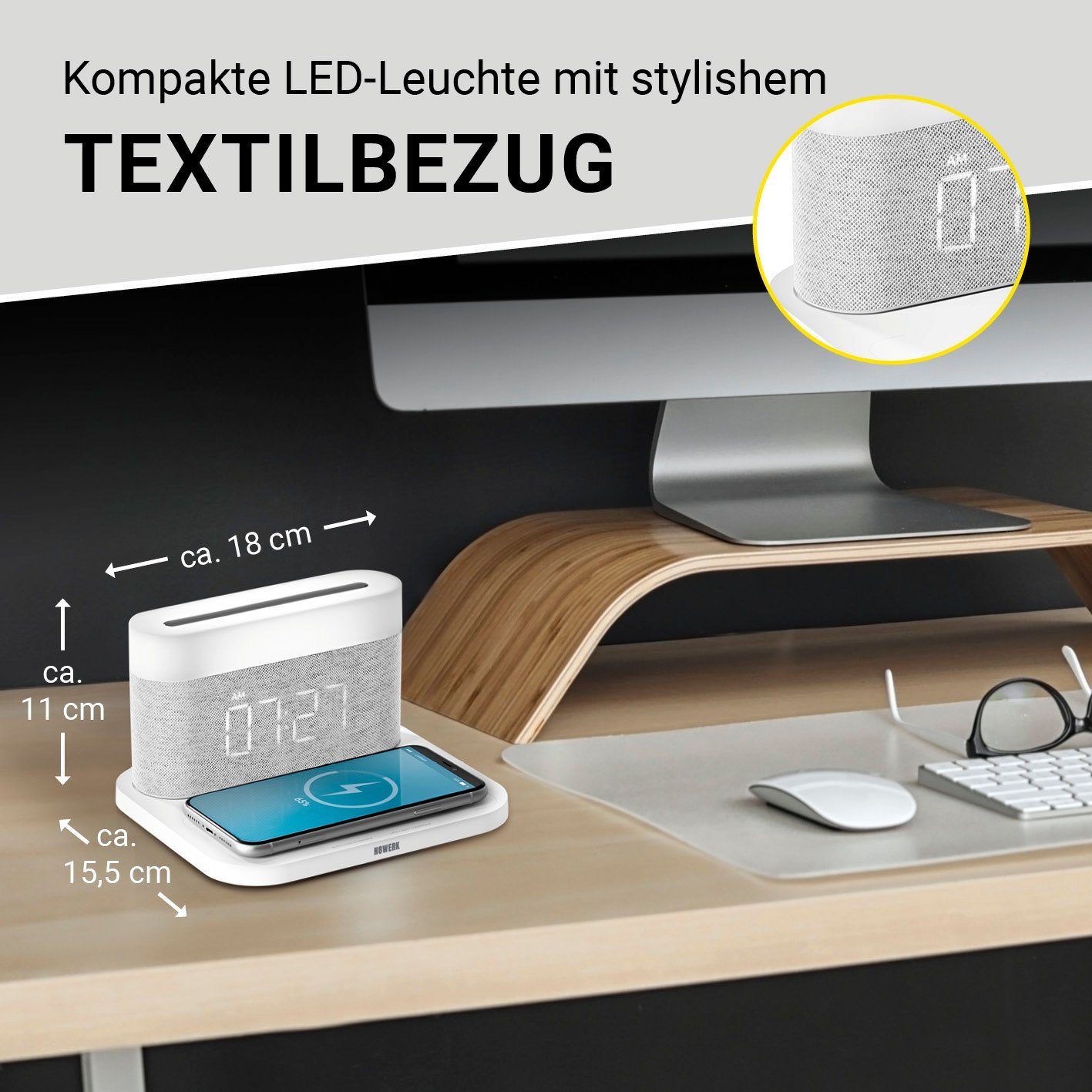 N8WERK LED Nachttischlampe Nachttischlampe mit weiß - Charger Handyladegerät - Wireless
