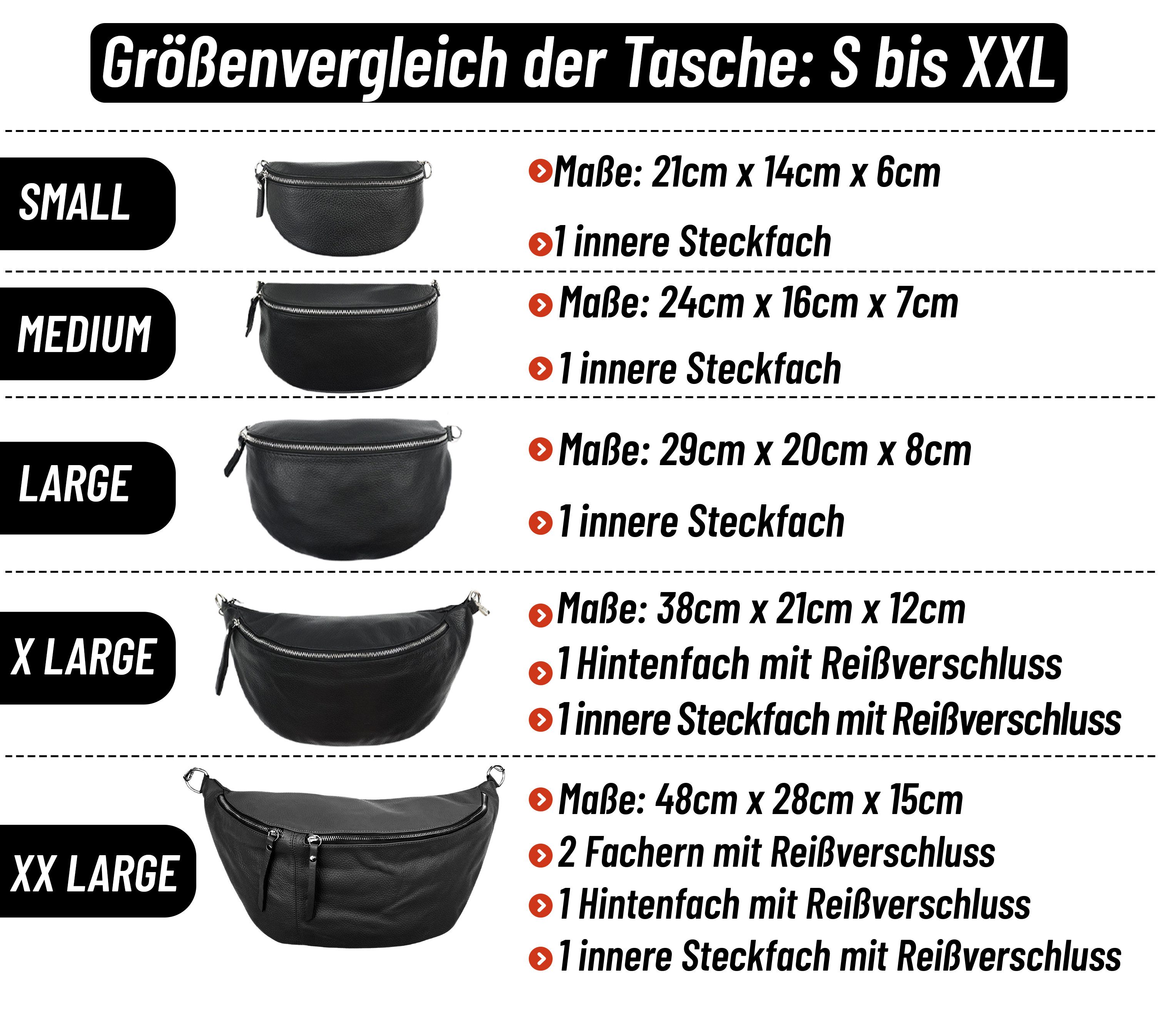 SEVA Gürteltasche Bauchtasche Damen Echtleder, Gürteltasche groß, Umhängetasche kleine (Crossbody Tasche Groß, Umhängetasche Damen aus Echtleder, Brusttasche, Erhältlich in den Größen: Small, Medium, Large, X-Large, XX-Large), Echtleder, verstellbare Gurte, Made in Italy, 20 Farben, 5 Größen