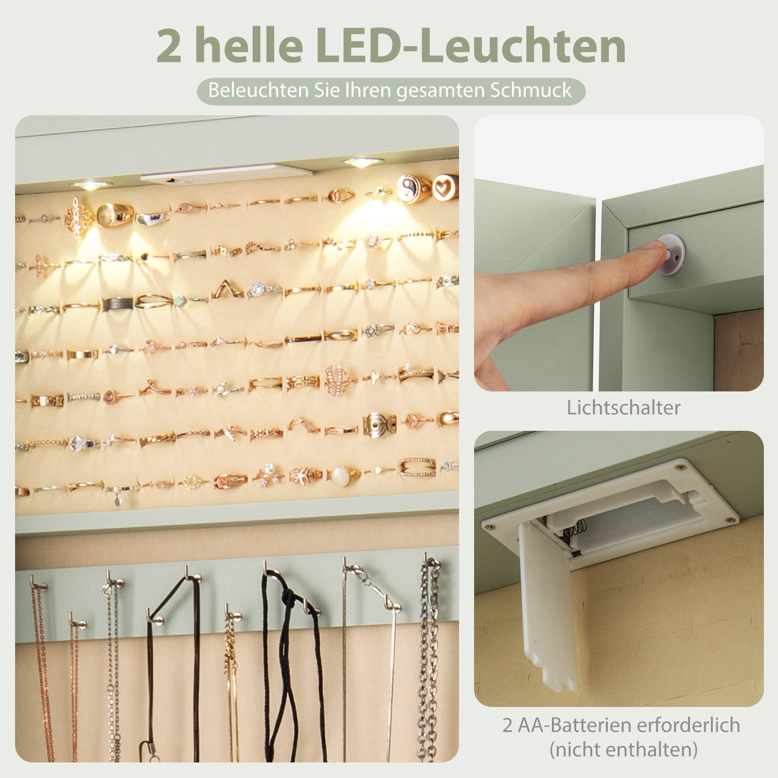 COSTWAY Schmuckschrank mit LED & Spiegel abschließbar, Wandspiegel hängend – Bild 3 von 5