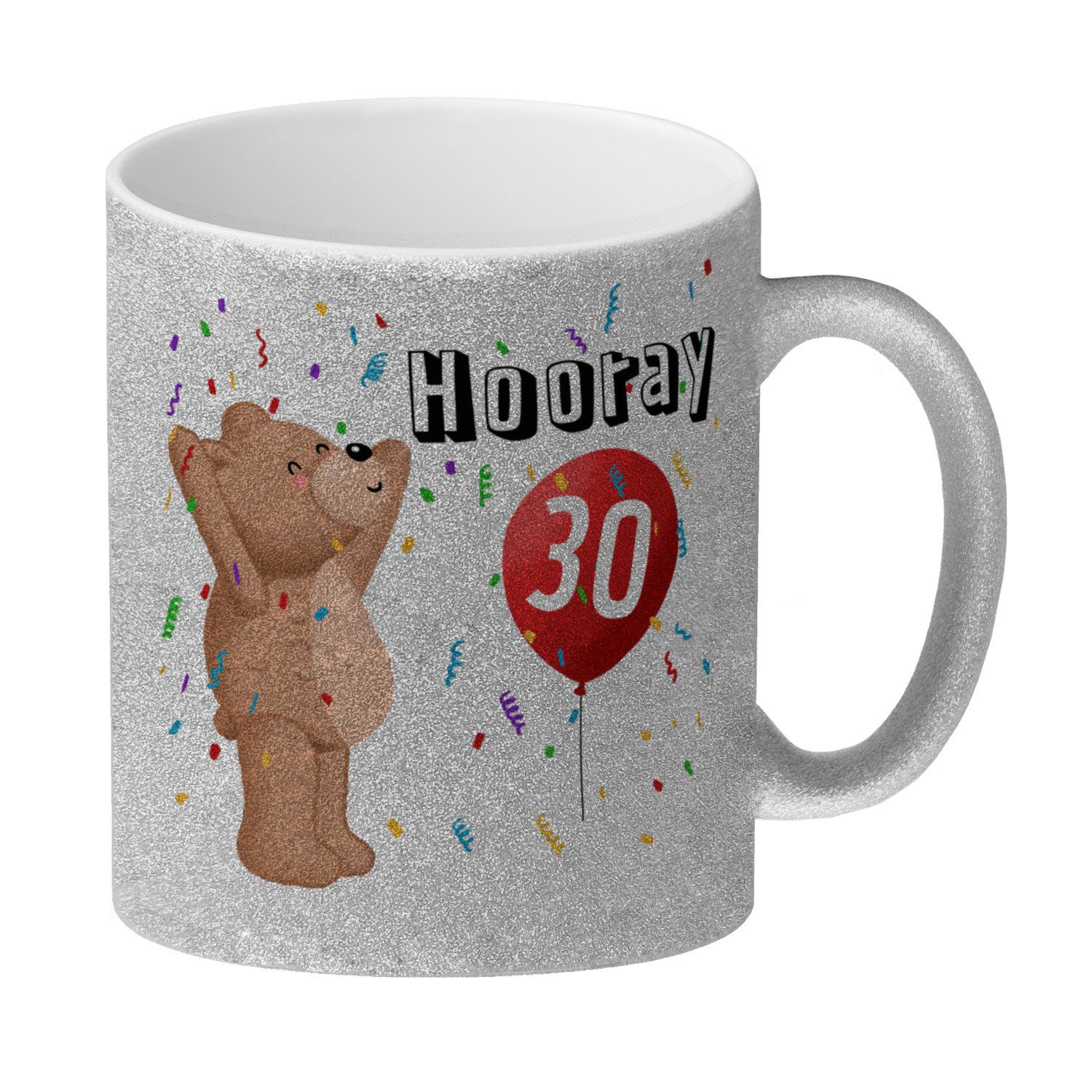 Tasse Glitzer-Kaffeebecher für den 30. Geburtstag mit Motiv: Hooray