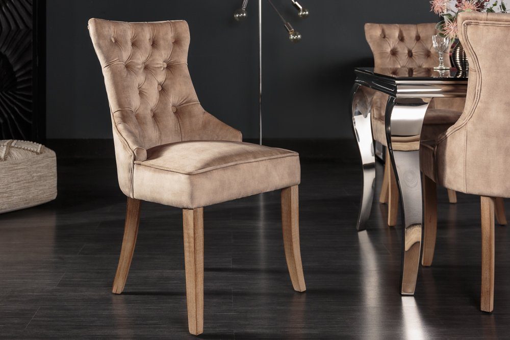 riess-ambiente Polsterstuhl CASTLE cappuccino/natur - Samt, Holz-Beine, Komfortgriff, Ziersteppung, Landhaus & Chesterfield-Kombination - ideal für Küche & Esszimmer