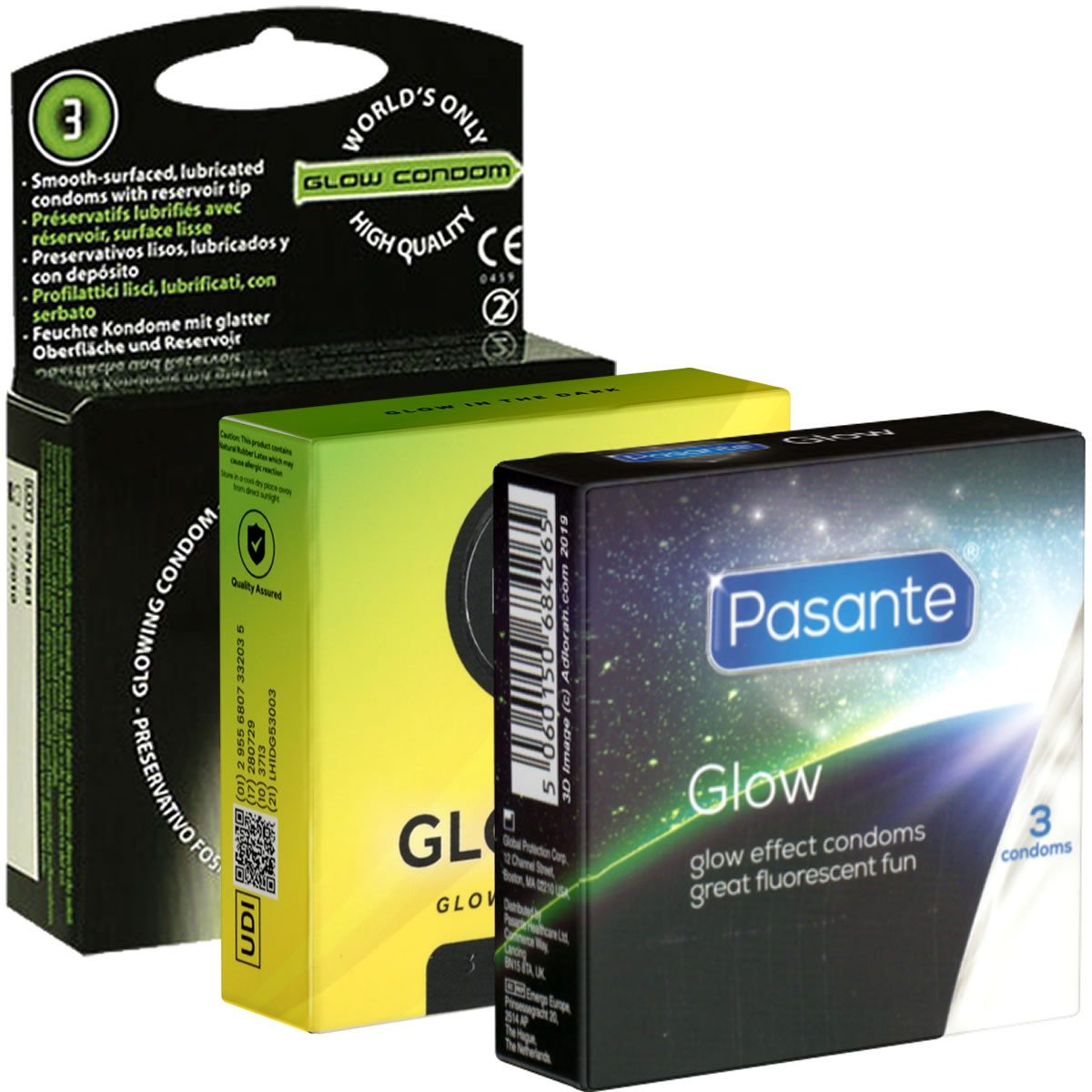 Kondomotheke Kondome Glow Mix 3 Packungen leuchtende Kondome, insgesamt, 9 St., Kondome die im Dunkeln leuchten, Leuchtkondome für mehr Fun im Dunkeln
