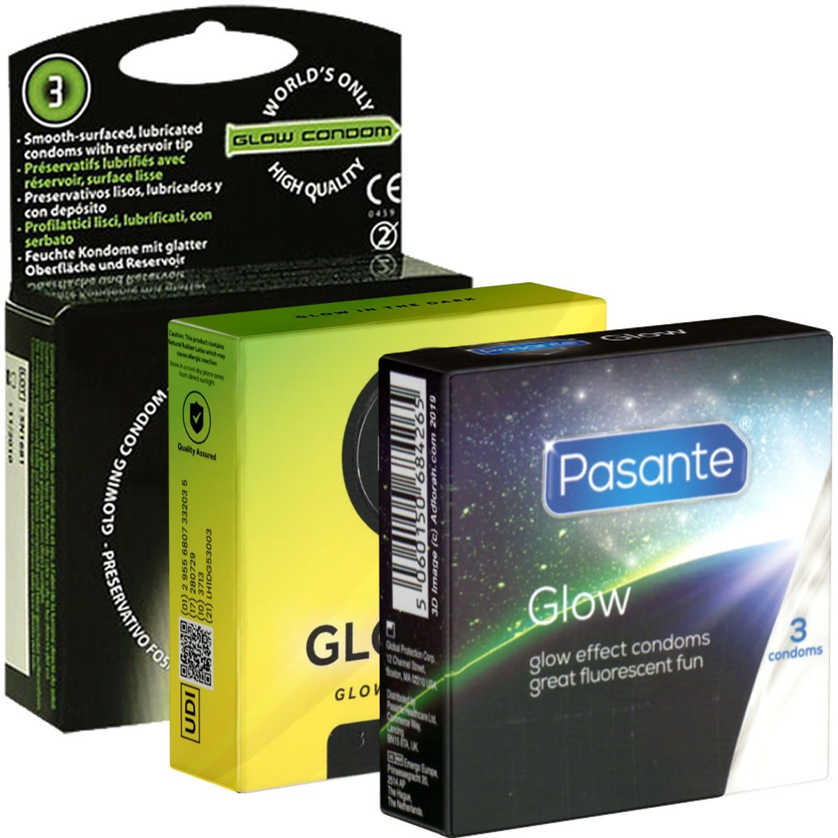 Kondomotheke Kondome Glow Mix 3 Packungen leuchtende Kondome, insgesamt, 9 St., Kondome die im