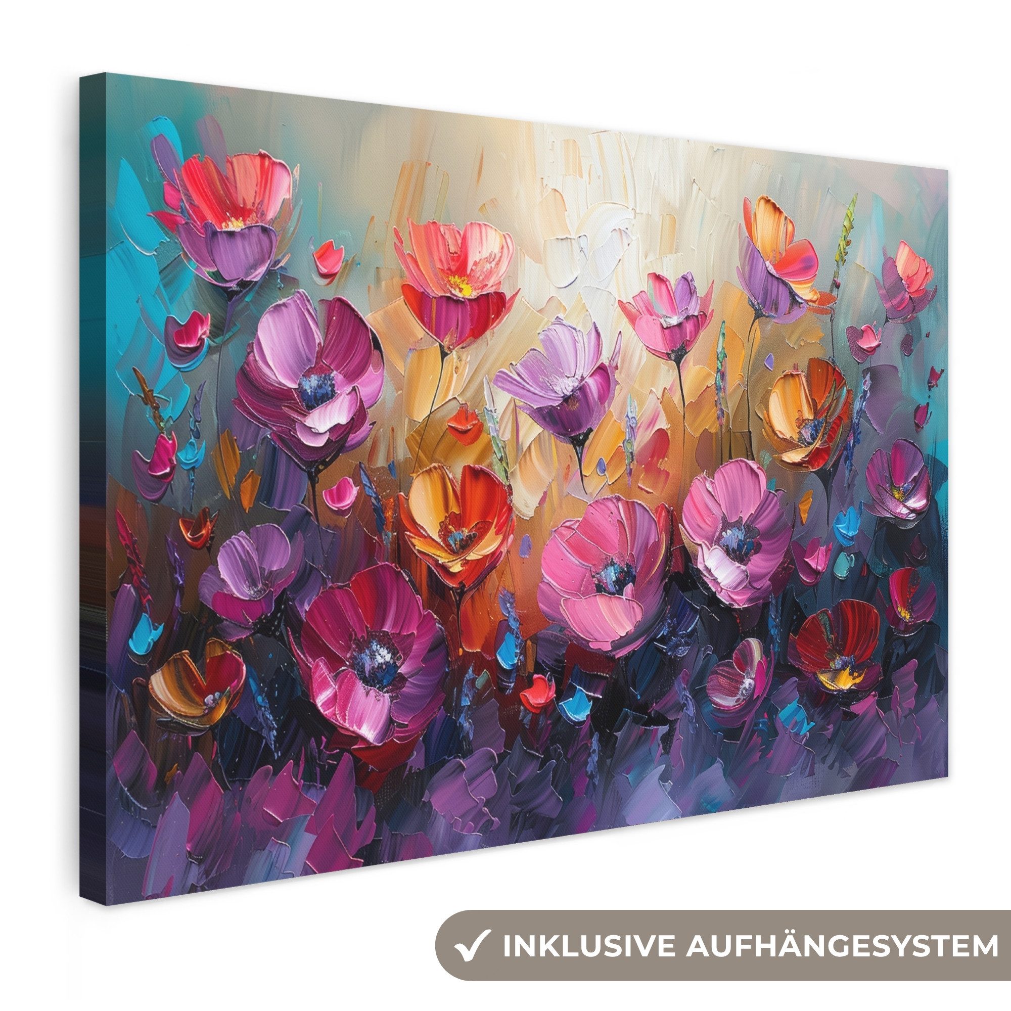 OneMillionCanvasses® Leinwandbild Blumen - Lila - Farbenfroh - Handbemalt - Kunst, Fotodruck (1 St), Leinwände Wanddeko Wohnzimmer Schlafzimmer 60x40 cm