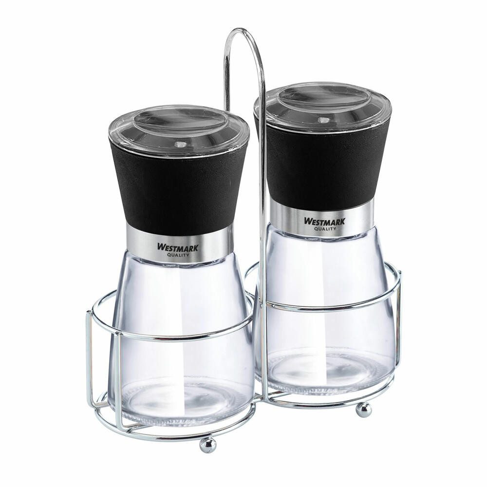 WESTMARK Menage-Set Gewürzmühle, 3-tlg., Salz- und Pfeffermühle + Ständer mit Tragegriff, Keramikmahlwerk, stufenlose Regulierung des Mahlgrades, je 190 ml