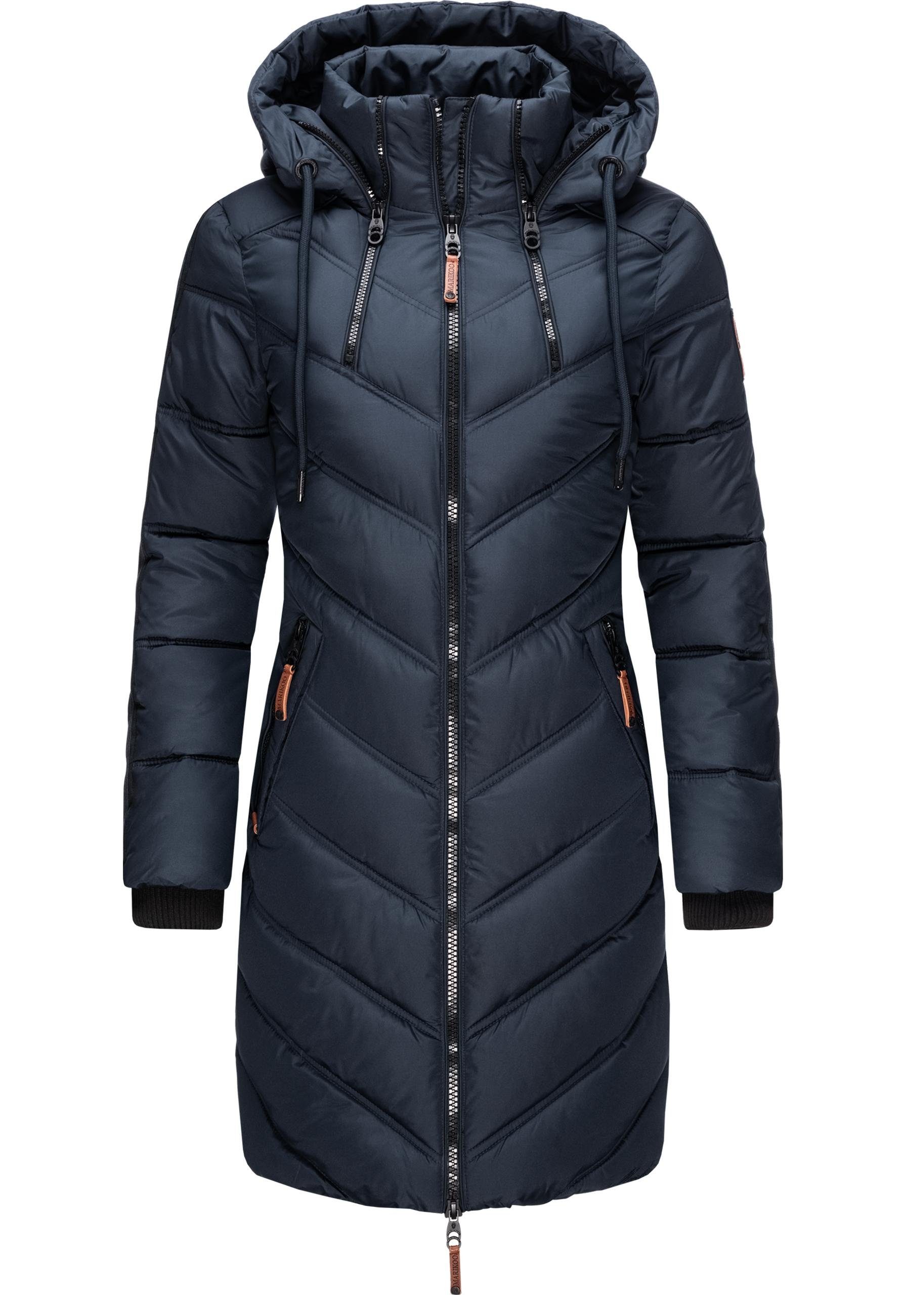 Marikoo Wintermantel Armasa modischer Damen Winter Steppmantel mit Kapuze blau