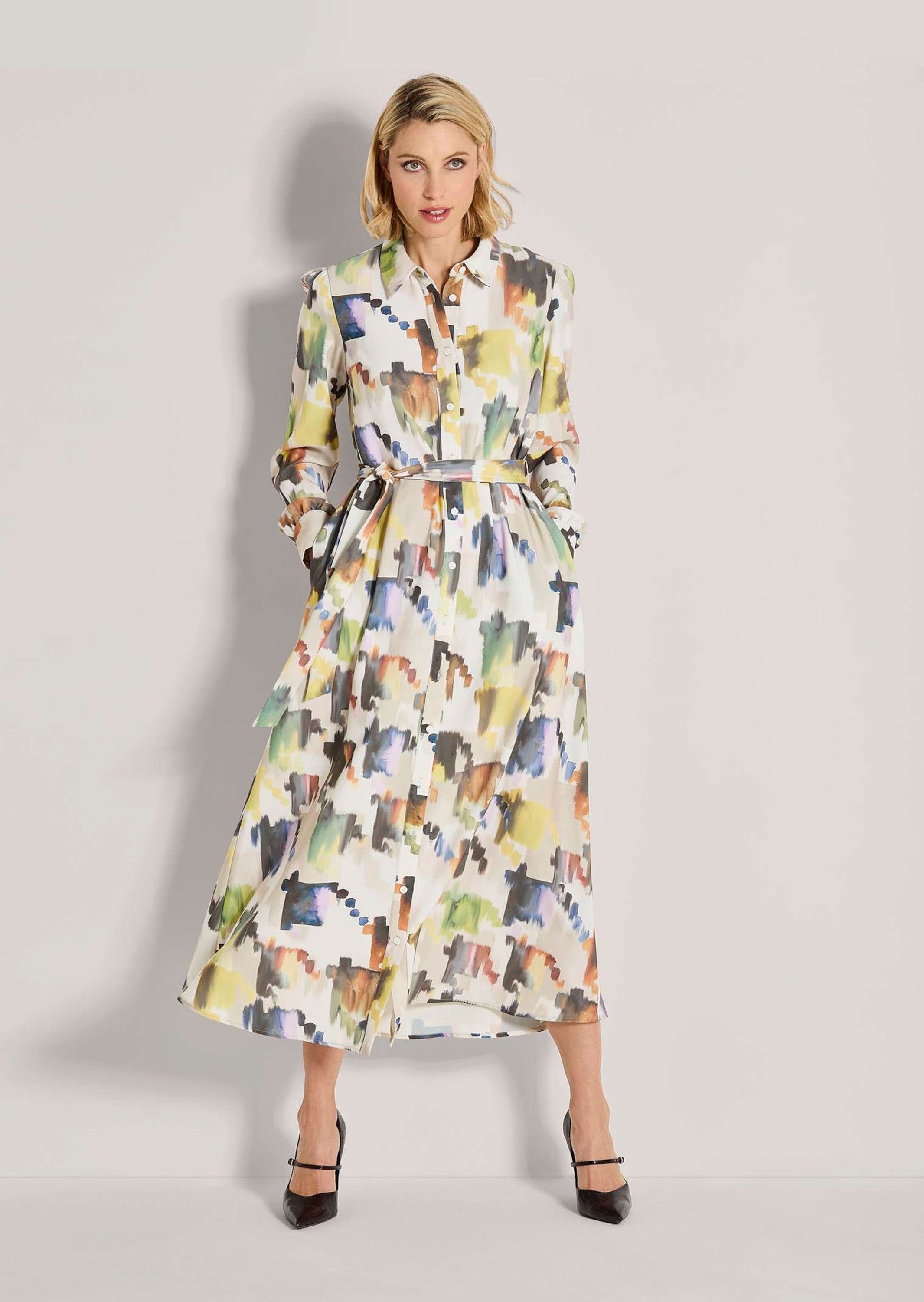 MADELEINE Midikleid Modernes Hemdblusenkleid mit Taillengürtel Langarmkleid mit Ethno-Muster und Hemdkragen