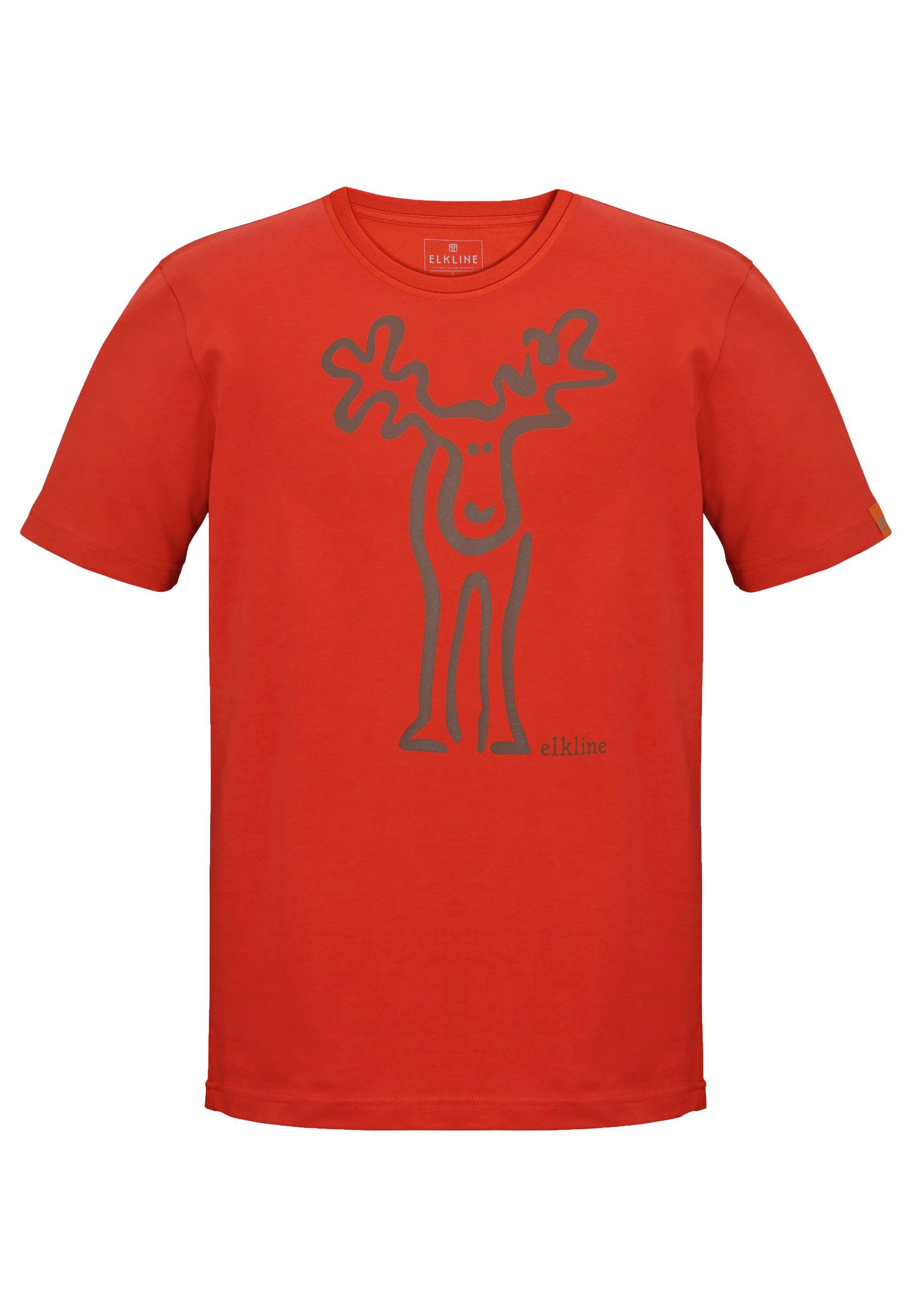 Elkline T-Shirt Rudolf Retro Elch Brust und Rücken Print mandarin - darkbrown