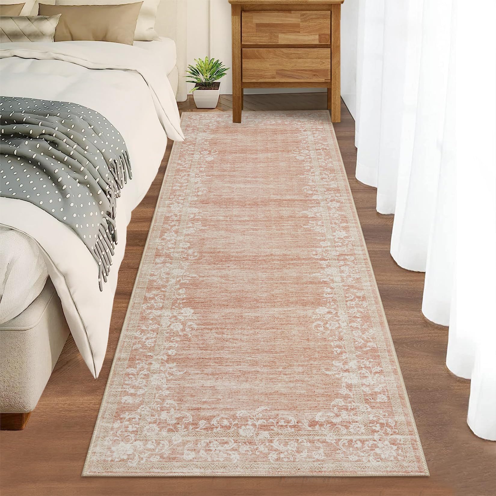 GarveeMore Veloursteppich Waschbarer Vintage Teppich Designteppich Läufer mit floraler Bordüre, Moderner Kurzflor, rutschfest, pflegeleicht & schmutzabweisend