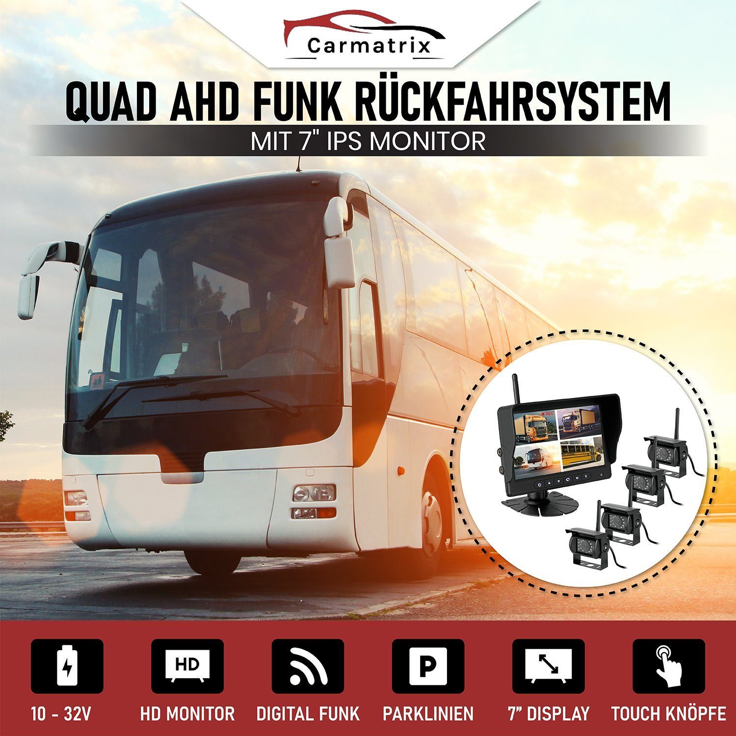 CARMATRIX BDW-710C+2 Rückfahrkamera (LKW Trailer Funk Rückfahrkamera HD Set 7" Monitor 2 x Rückfahrkamera, Aufnahmefunktion, SD Karte, Mikrofon, Audio, Distanzlabel, IPS Monitor)