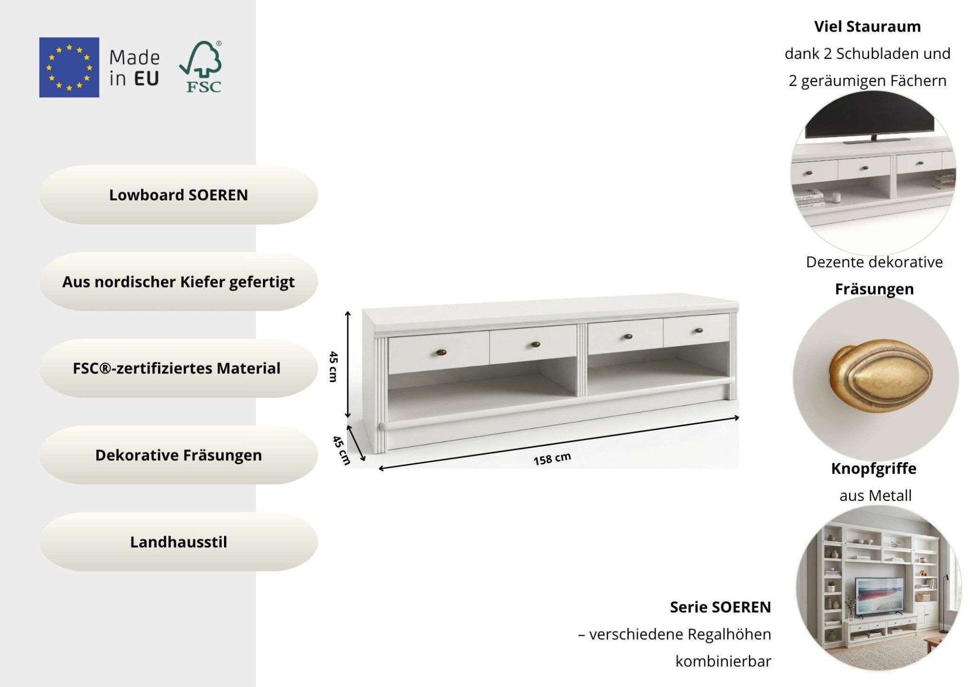 OTTO home Lowboard Soeren TV-Kommode (B/T/H: 158/45/45 cm), aus massiver Kiefer, mit 2 Schubladen, FSC®-zertifiziert