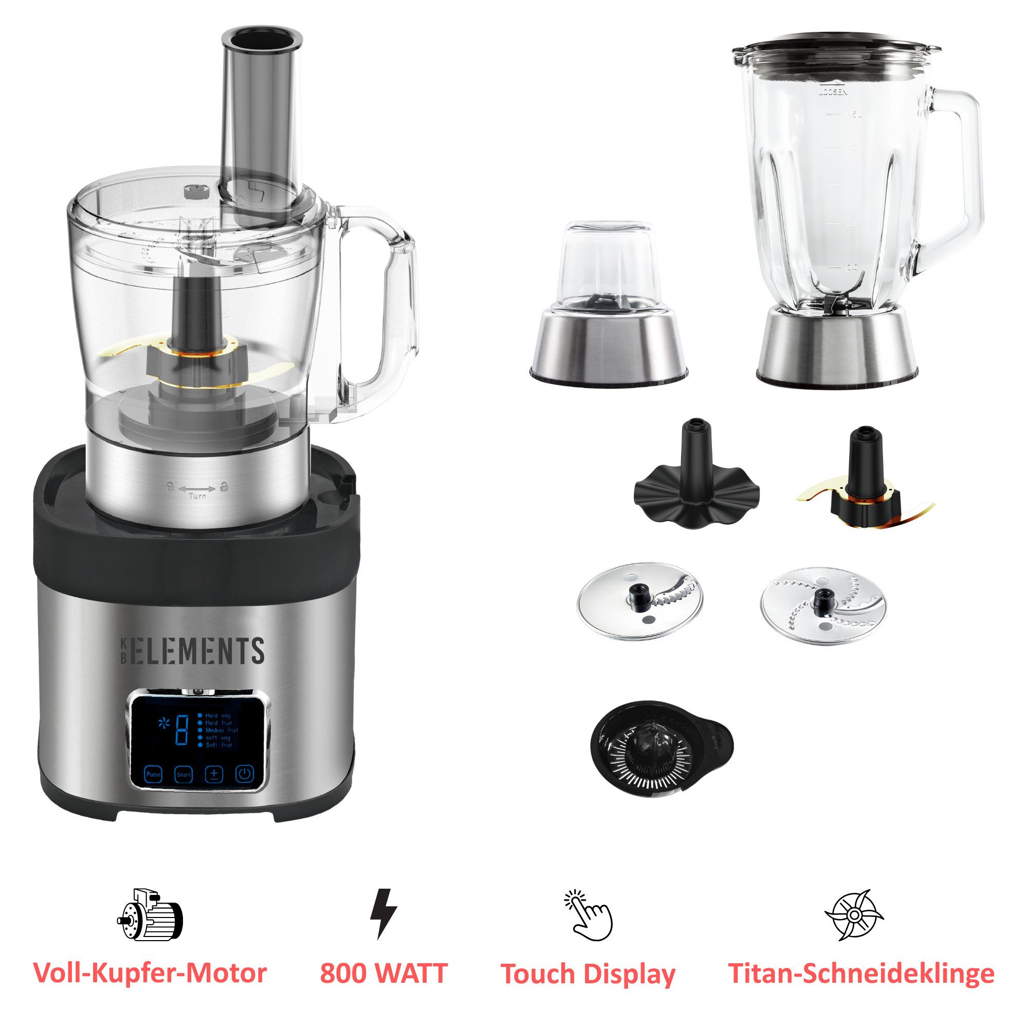 KB Elements Küchenmaschine, 800 W, 1,5 l Schüssel, Toutch Display, Titan-Schneideklinge, Voll Kupfer Motor