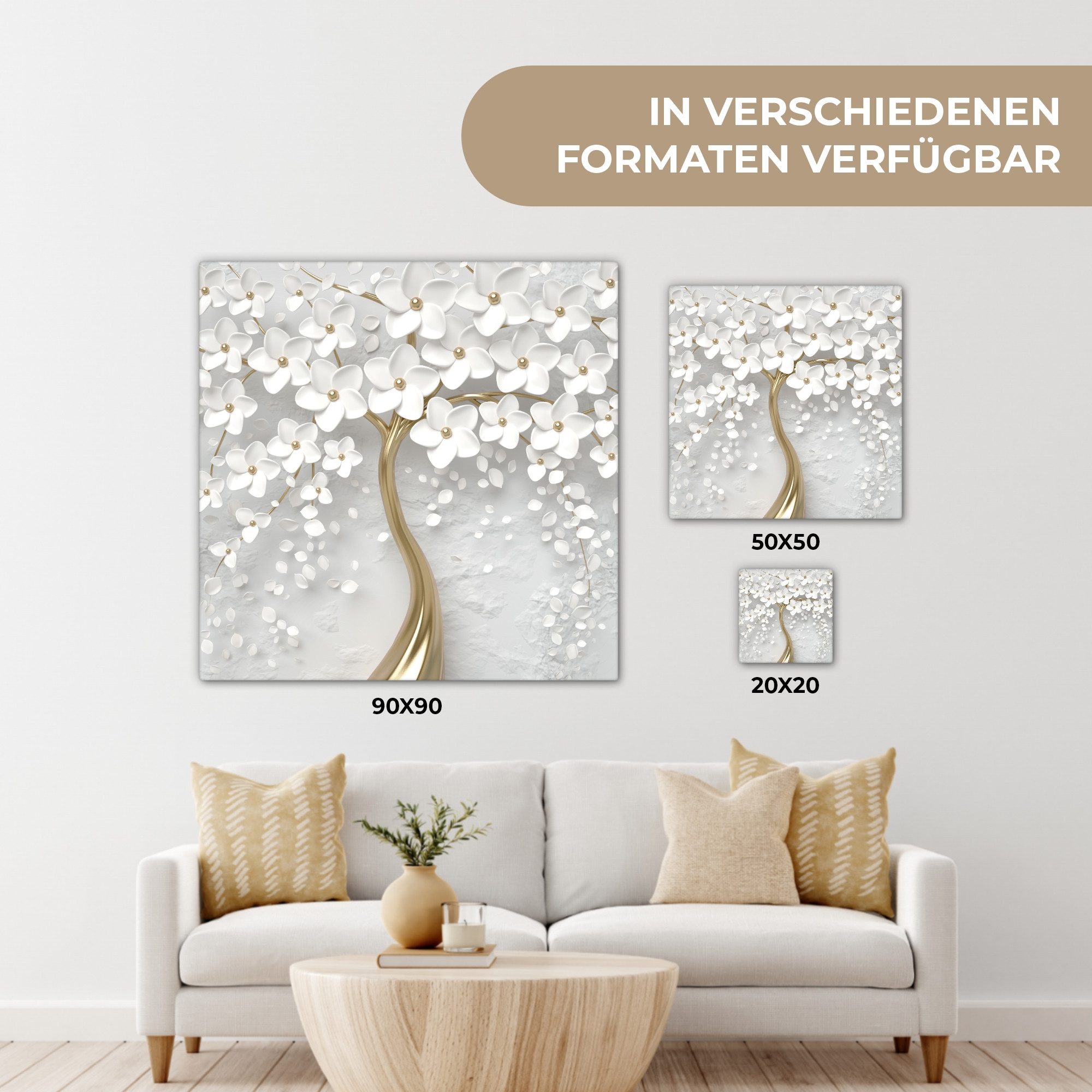 OneMillionCanvasses® Leinwandbild Baum - Weiß - Abstrakt - Blume - Gold, Fotodruck (1 St), Leinwand Canvas Wandbild, Wanddekoration 20x30 cm – Bild 5 von 5