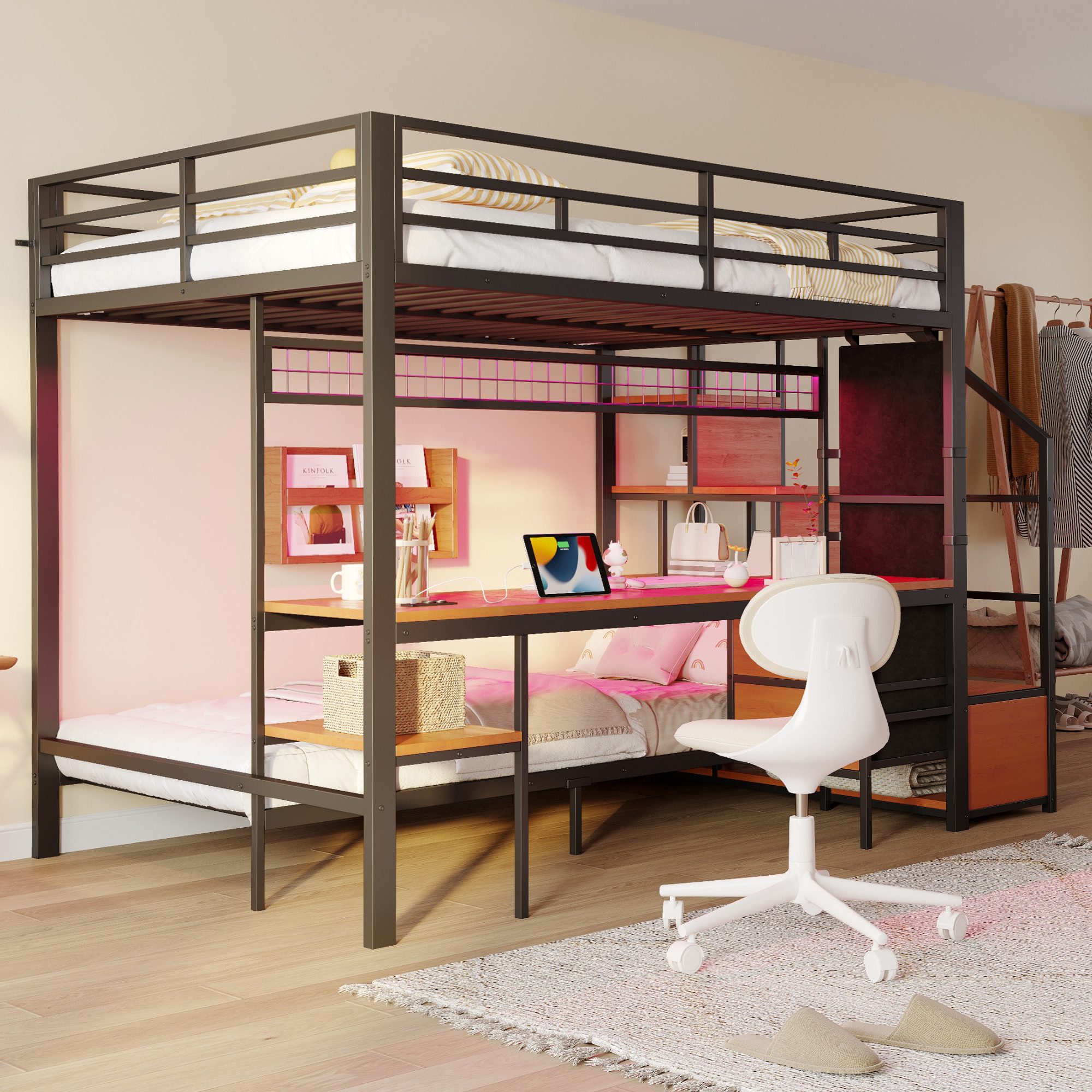 MODFU Etagenbett mit Stauraum & Stoffschubladen (Kinderbett mit LED-Schreibtisch, Steckdosen, 90x200cm+140x200cm), ohne Matratze