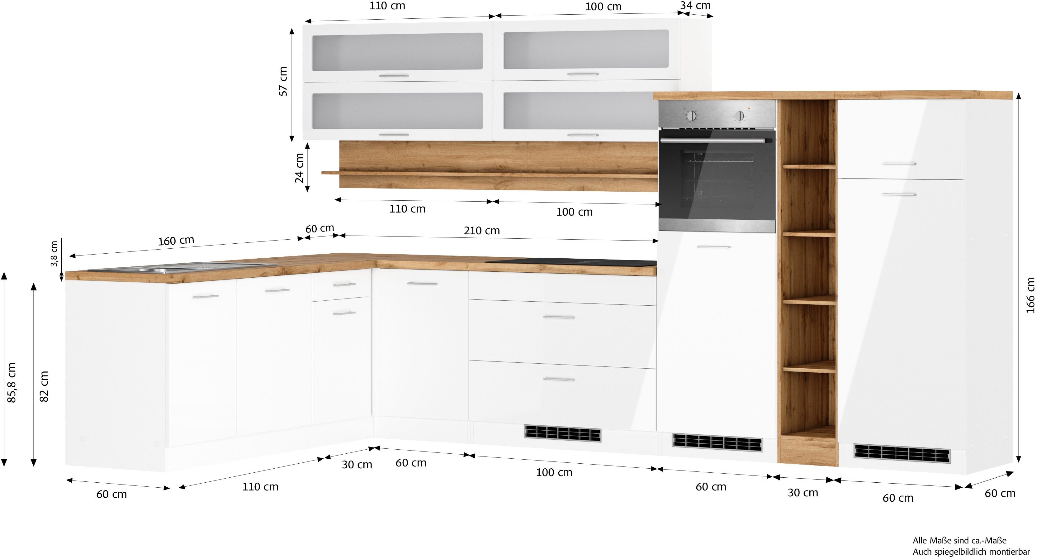 KOCHSTATION Winkelküche KS-Milan, optional mit Muldenlüfter, Stellbr.360/220 cm, wahlweise mit E-Geräten, Kochfeld mit Dunstabzug