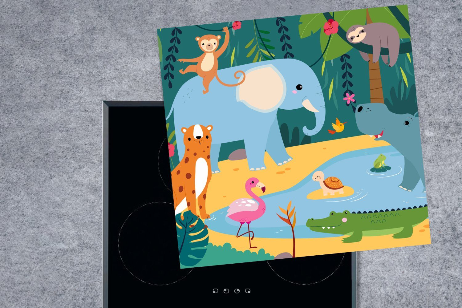 Dschungel Tiere, Herdblende-/Abdeckplatte (1 küche - Ceranfeldabdeckung, cm, Arbeitsplatte - 78x78 tlg), für Vinyl, MuchoWow Elefant