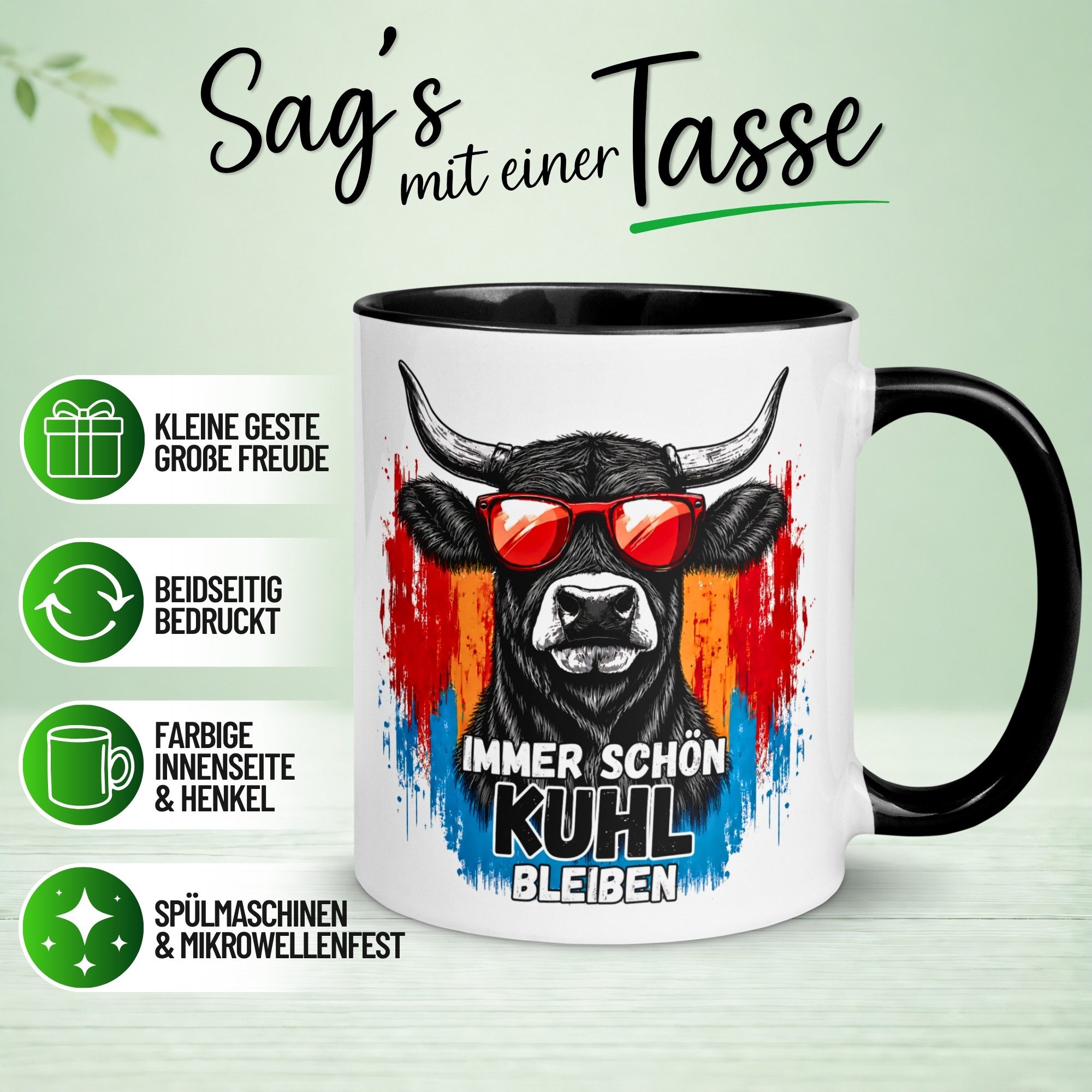 Momentals Tasse Kuh – „Immer schön kuhl bleiben“ – lustiger Geschenk Becher für Bauer, Gratis Versand · Links-&Rechtshänder · Spülmaschinenfest