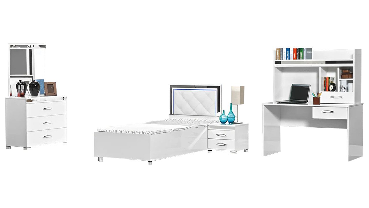 Jugendzimmer-Set Weißes Einzelbett mit Nachttisch und modernen Tischen für Kinderzimmer