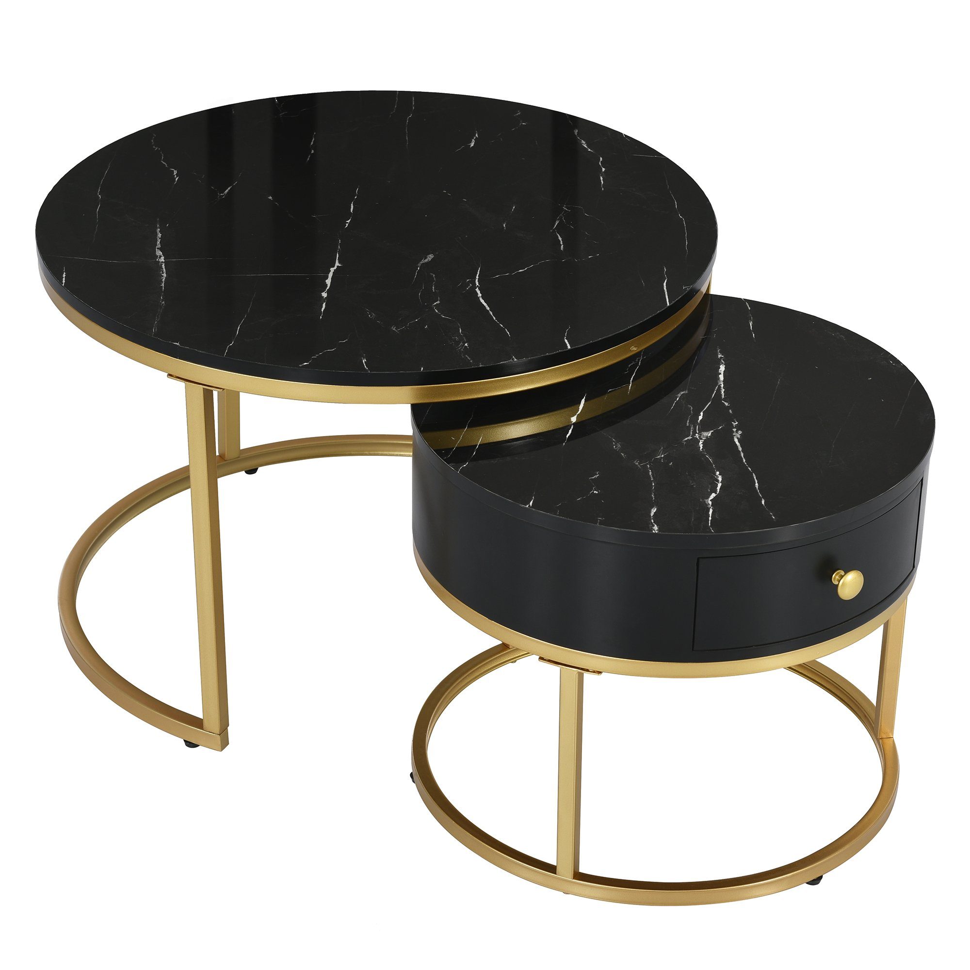 Couchtisch (2-St., Sofatische Satztische in hochglanz Marmoroptik), rund Beistelltisch ∅70x45cm ∅50x40cm, Gestell aus Metall