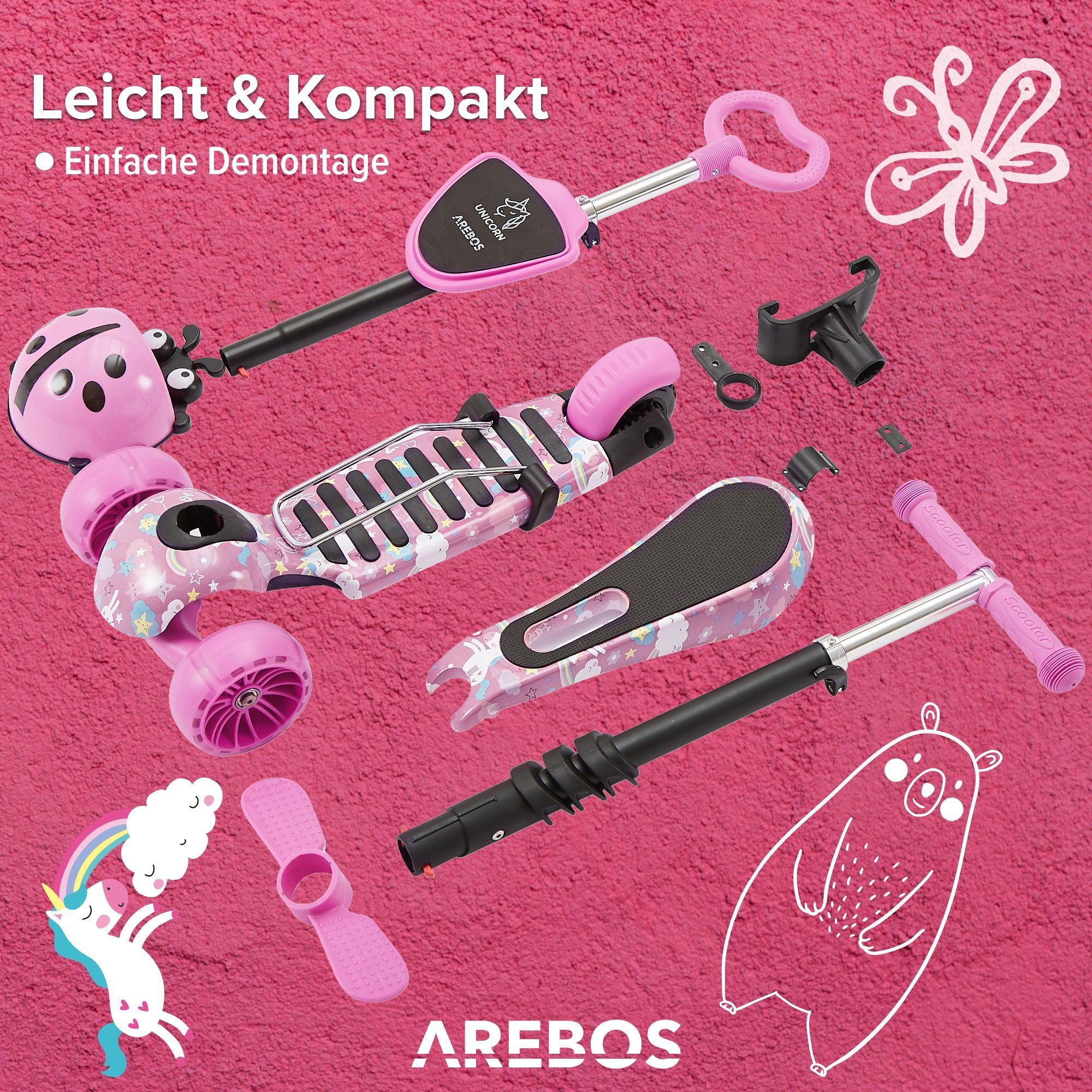 Pink Tretroller, Kinder Scooter Cityroller, Arebos LED-Räder