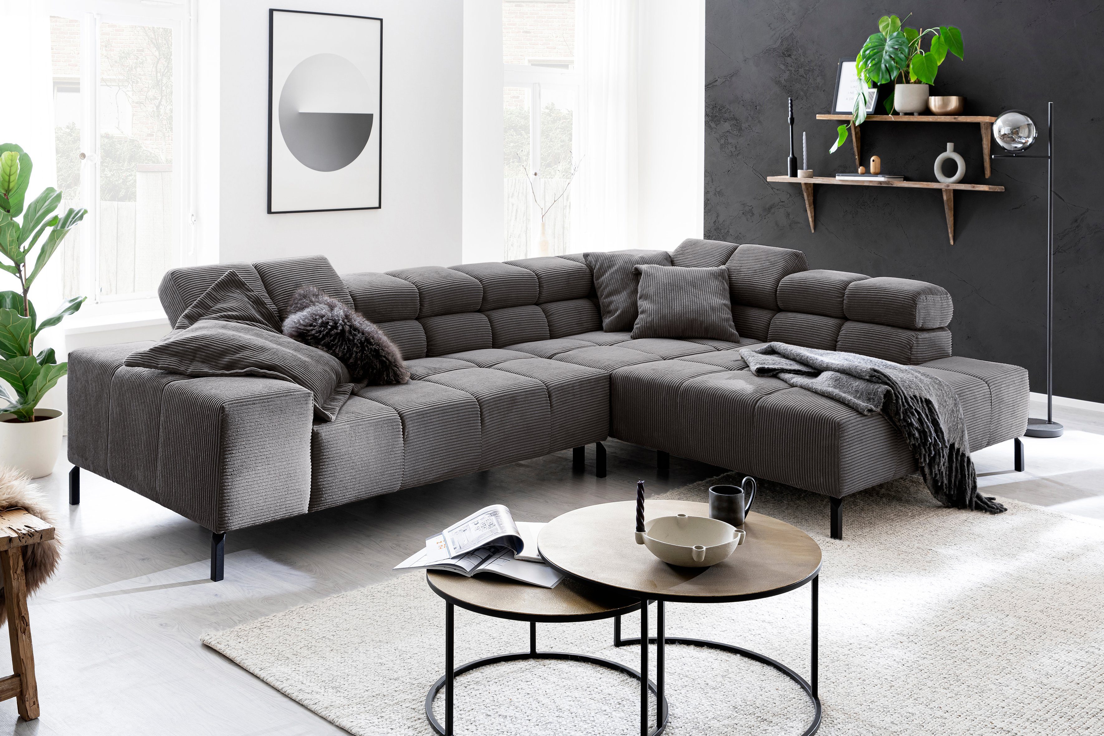 Home affaire Ecksofa Ancona New, wahlweise motorische Sitztiefenverstellung, auch in Cord, feine Steppung, mit Kopfteilverstellung, 3 Zierkissen, L-Form