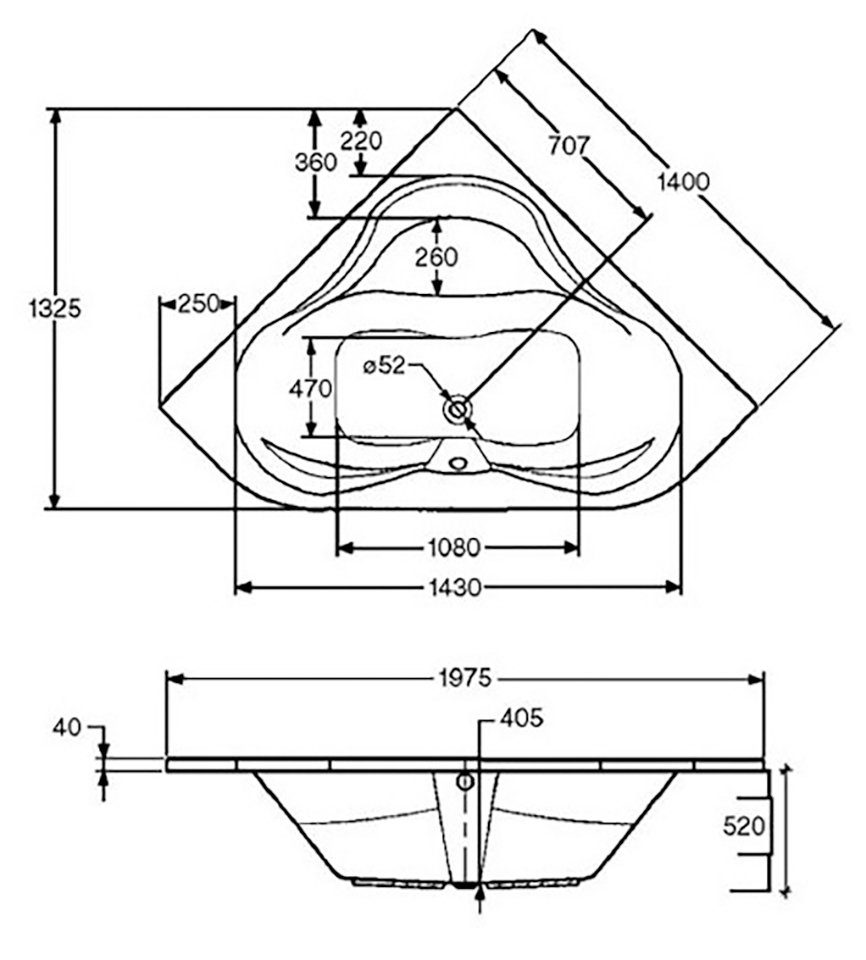 OTTOFOND Eckwanne Lucia, (3-tlg), mit Wannenträger und Ablaufgarnitur