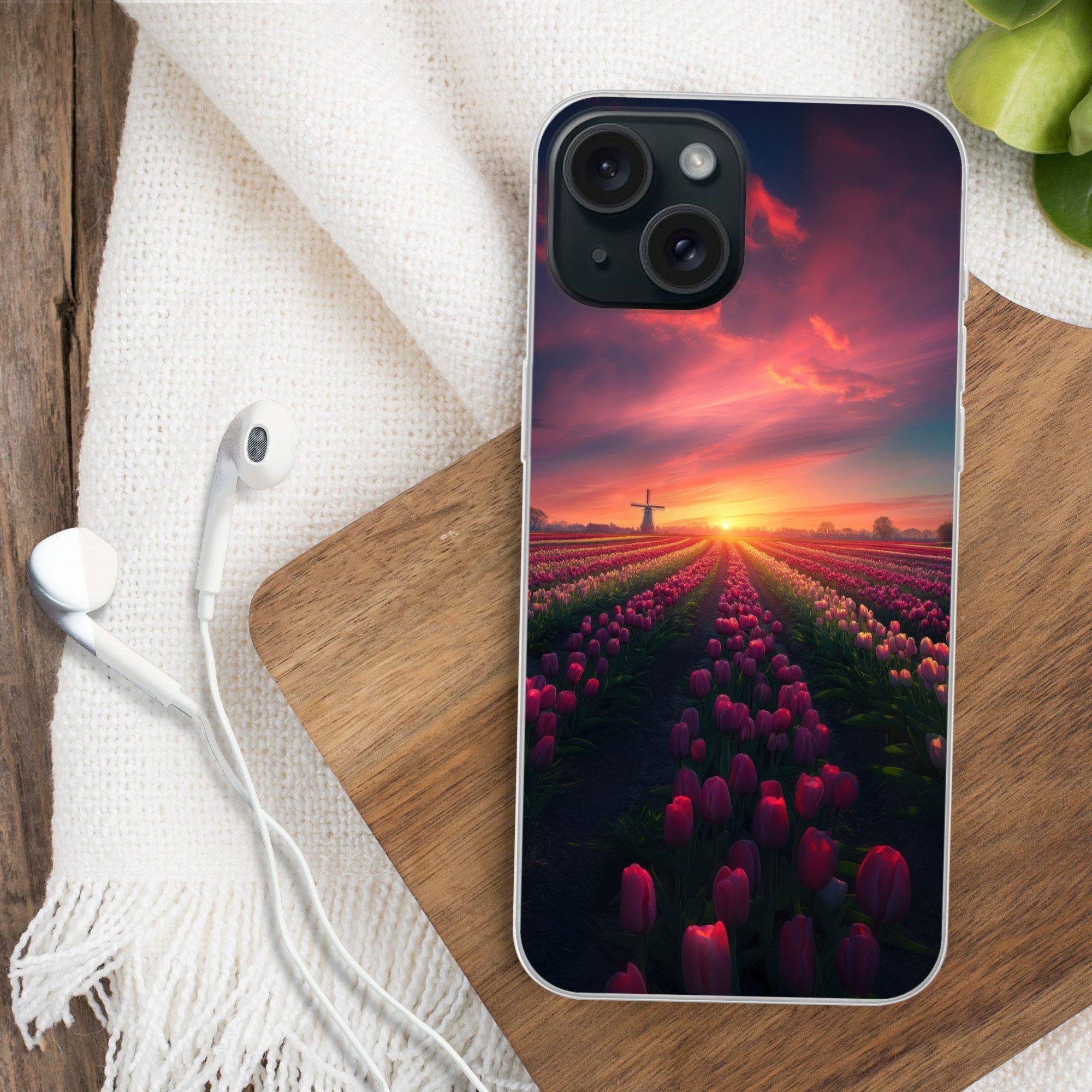 MuchoWow Handyhülle für Apple iPhone 15 Windmühle - Sonnenuntergang - Landschaft, Smartphone-Bumper, Print, Handy Schutzhülle Dünn