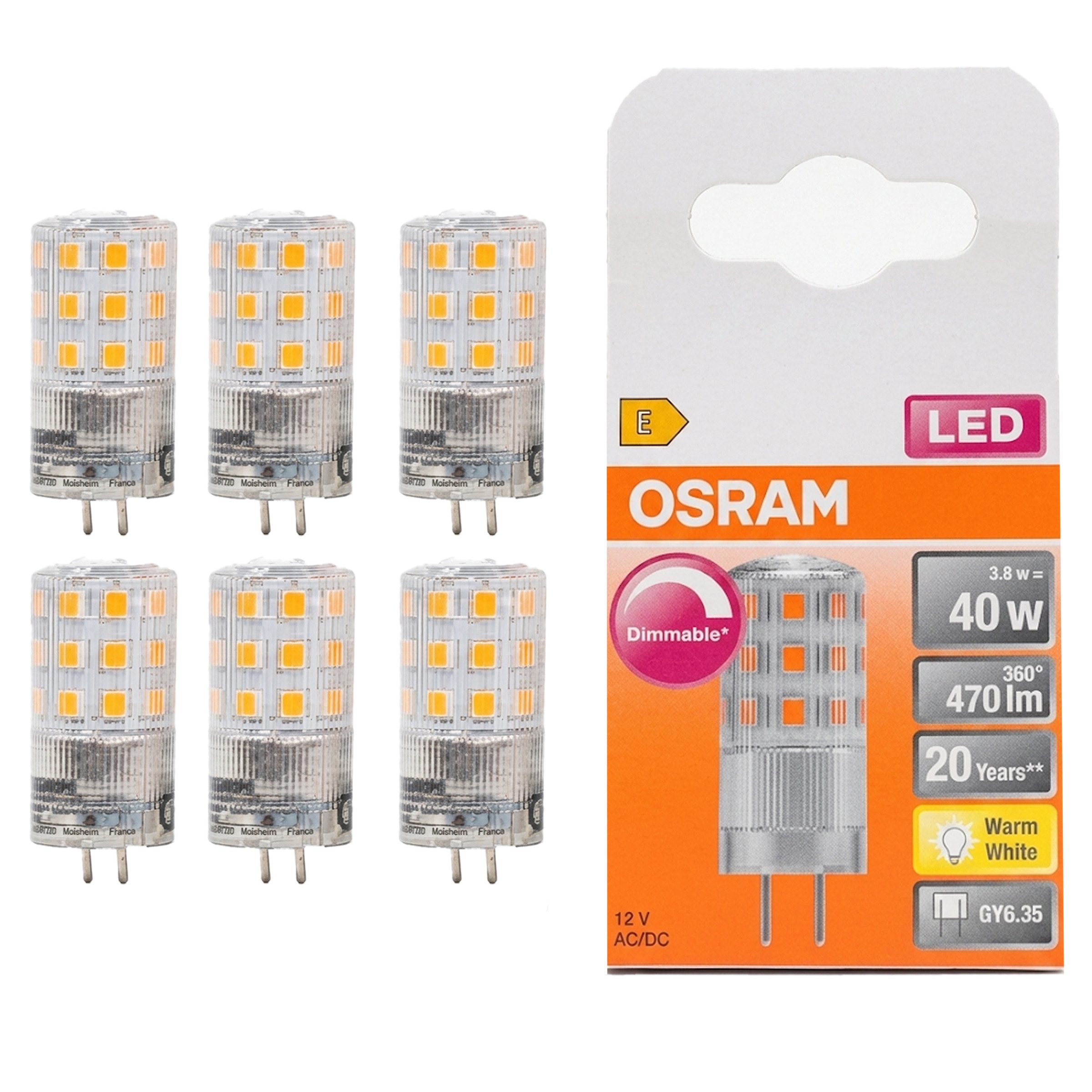 Osram LED-Leuchtmittel OSRAM LEDPIN40D CL – 3,8W GY6.35 Dimmbar Warmweiß (6er-Pack), 6 St.