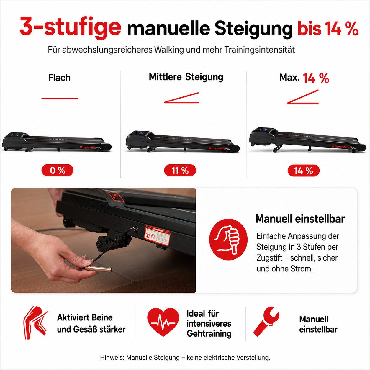 CITYSPORTS Laufband Laufband WP6 Walking Pad, 1–6 km/h, 440 W, 3-stufige Steigung bis 14 % (Mit toolkit,mit Schmiermittel), 120 kg, selbstzentrierender Laufgurt, LED-Display, Bluetooth